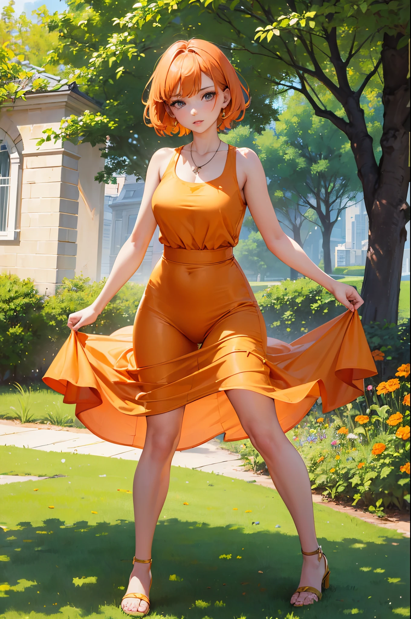 (a woman, park, sunny day, orange sundress, RAW, UHD, 8K, full body portrait:1.1, head, highly detailed face, stunning eyes, orange short hair, tight clothes, vibrant colors, warm sunlight),walking