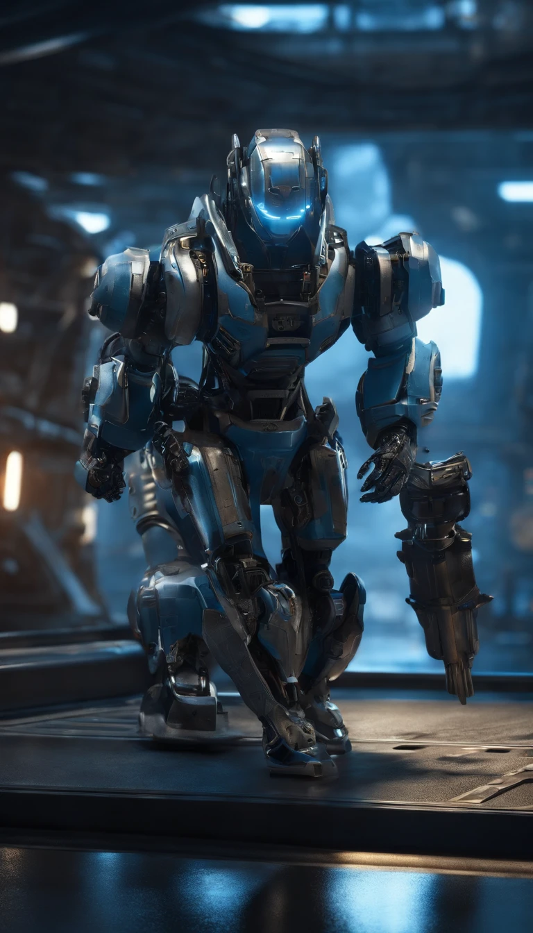 (best quality,8k,ultra-detailed,realistic:1.2),helmeted robot,sci-fi,focus on male,armor,architecture,robot,red eyes,surreal art,metal shell,hyper-realistic,advanced technology,sharp edges,mechanical parts,glossy surface,strong contrast,shadows,neon lights,dystopian landscape,futuristic city,industrial backdrop,dynamic pose,clear visor,reflecting surroundings,high-tech gadgets,glowing circuits,emitting sparks,sci-fi atmosphere,otherworldly presence,imposing stature,precision engineering,meticulously crafted,perfect symmetry,impressive design,attention to detail,masterpiece:1.1,color grading,blue hues,cool tones,moody lighting,contrasting colors,dramatic shadows,artistic vision.