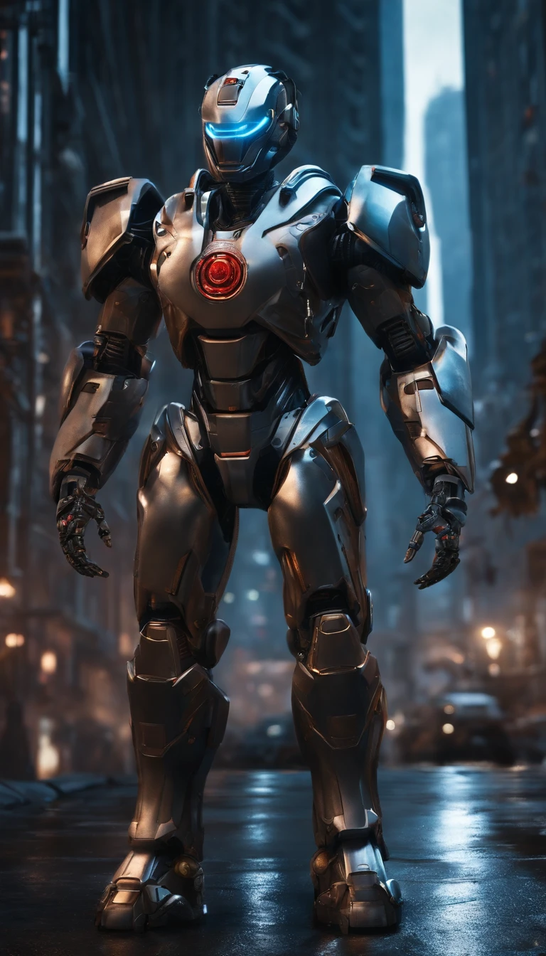 (best quality,8k,ultra-detailed,realistic:1.2),helmeted robot,sci-fi,focus on male,armor,architecture,robot,red eyes,surreal art,metal shell,hyper-realistic,advanced technology,sharp edges,mechanical parts,glossy surface,strong contrast,shadows,neon lights,dystopian landscape,futuristic city,industrial backdrop,dynamic pose,clear visor,reflecting surroundings,high-tech gadgets,glowing circuits,emitting sparks,sci-fi atmosphere,otherworldly presence,imposing stature,precision engineering,meticulously crafted,perfect symmetry,impressive design,attention to detail,masterpiece:1.1,color grading,blue hues,cool tones,moody lighting,contrasting colors,dramatic shadows,artistic vision.