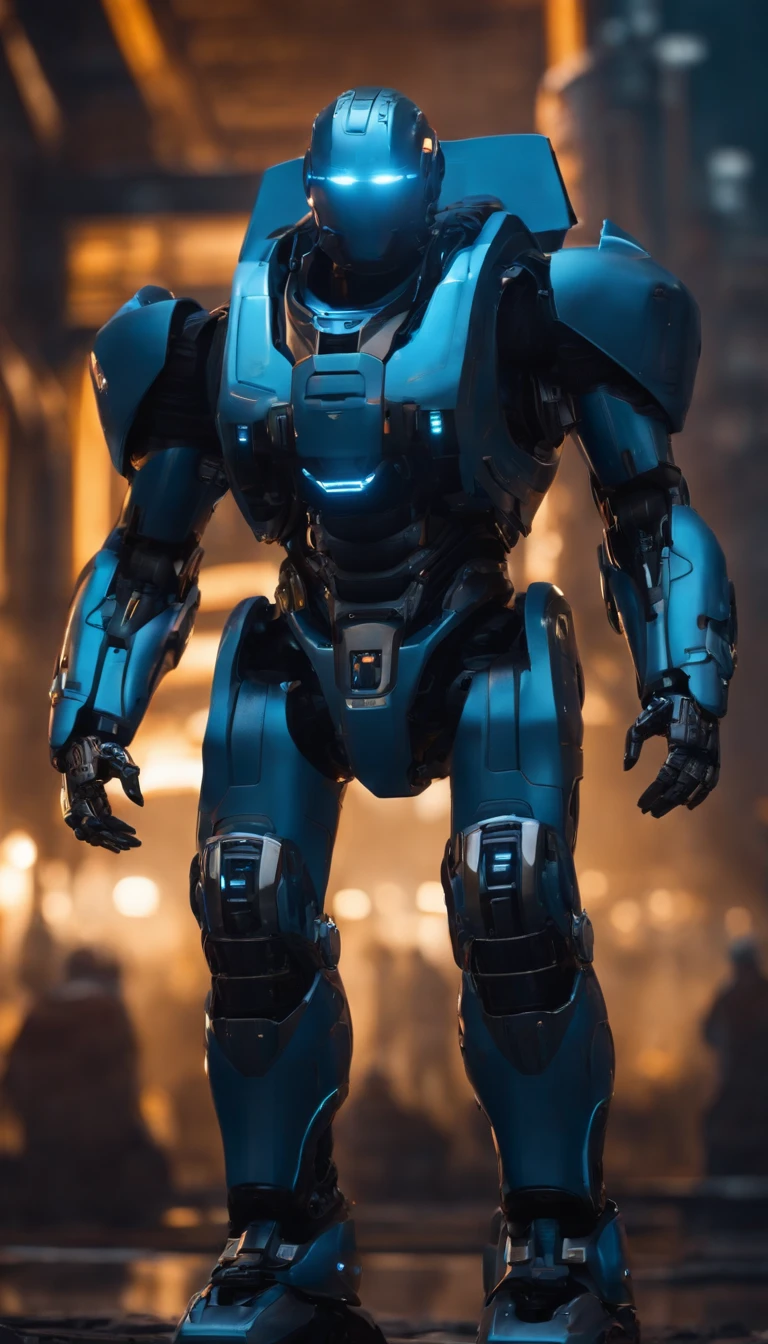 (best quality,8k,ultra-detailed,realistic:1.2),helmeted robot,sci-fi,focus on male,armor,architecture,robot,red eyes,surreal art,metal shell,hyper-realistic,advanced technology,sharp edges,mechanical parts,glossy surface,strong contrast,shadows,neon lights,dystopian landscape,futuristic city,industrial backdrop,dynamic pose,clear visor,reflecting surroundings,high-tech gadgets,glowing circuits,emitting sparks,sci-fi atmosphere,otherworldly presence,imposing stature,precision engineering,meticulously crafted,perfect symmetry,impressive design,attention to detail,masterpiece:1.1,color grading,blue hues,cool tones,moody lighting,contrasting colors,dramatic shadows,artistic vision.