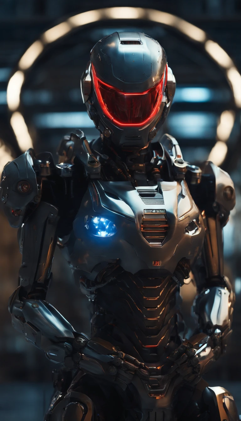 (best quality,8k,ultra-detailed,realistic:1.2),helmeted robot,sci-fi,focus on male,armor,architecture,robot,red eyes,surreal art,metal shell,hyper-realistic,advanced technology,sharp edges,mechanical parts,glossy surface,strong contrast,shadows,neon lights,dystopian landscape,futuristic city,industrial backdrop,dynamic pose,clear visor,reflecting surroundings,high-tech gadgets,glowing circuits,emitting sparks,sci-fi atmosphere,otherworldly presence,imposing stature,precision engineering,meticulously crafted,perfect symmetry,impressive design,attention to detail,masterpiece:1.1,color grading,blue hues,cool tones,moody lighting,contrasting colors,dramatic shadows,artistic vision.