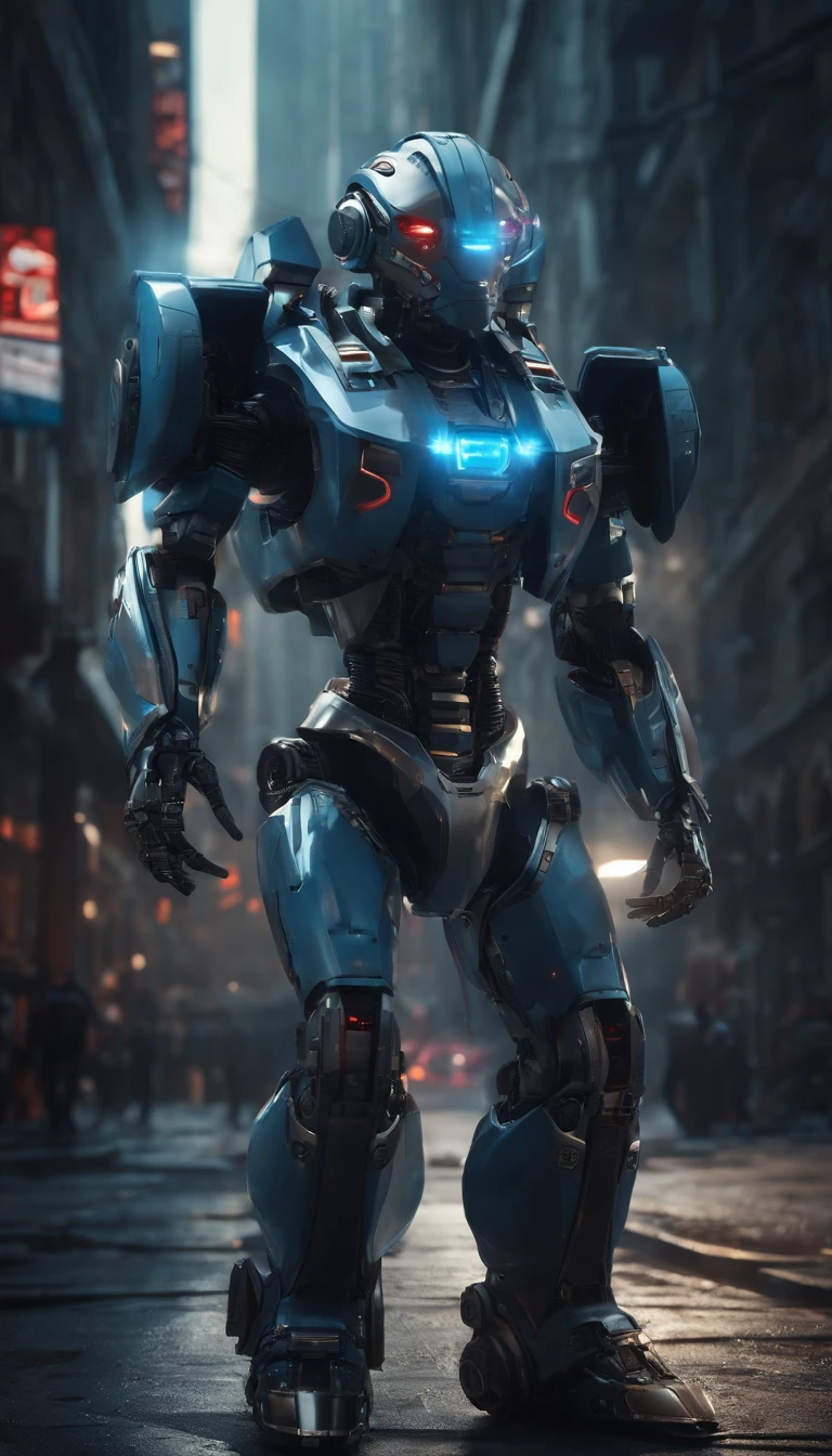 (best quality,8k,ultra-detailed,realistic:1.2),helmeted robot,sci-fi,focus on male,armor,architecture,robot,red eyes,surreal art,metal shell,hyper-realistic,advanced technology,sharp edges,mechanical parts,glossy surface,strong contrast,shadows,neon lights,dystopian landscape,futuristic city,industrial backdrop,dynamic pose,clear visor,reflecting surroundings,high-tech gadgets,glowing circuits,emitting sparks,sci-fi atmosphere,otherworldly presence,imposing stature,precision engineering,meticulously crafted,perfect symmetry,impressive design,attention to detail,masterpiece:1.1,color grading,blue hues,cool tones,moody lighting,contrasting colors,dramatic shadows,artistic vision.