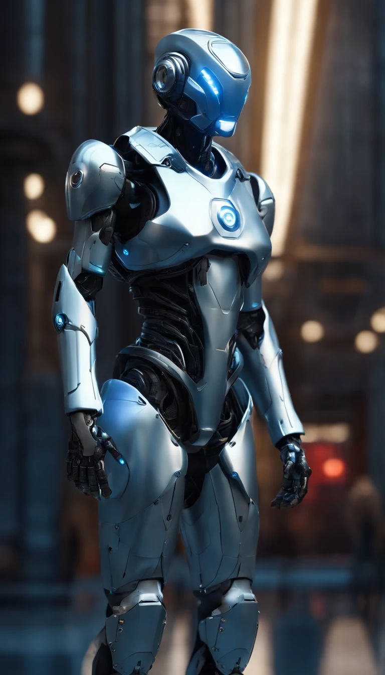 (best quality,8k,ultra-detailed,realistic:1.2),helmeted robot,sci-fi,focus on male,armor,architecture,robot,red eyes,surreal art,metal shell,hyper-realistic,advanced technology,sharp edges,mechanical parts,glossy surface,strong contrast,shadows,neon lights,dystopian landscape,futuristic city,industrial backdrop,dynamic pose,clear visor,reflecting surroundings,high-tech gadgets,glowing circuits,emitting sparks,sci-fi atmosphere,otherworldly presence,imposing stature,precision engineering,meticulously crafted,perfect symmetry,impressive design,attention to detail,masterpiece:1.1,color grading,blue hues,cool tones,moody lighting,contrasting colors,dramatic shadows,artistic vision.