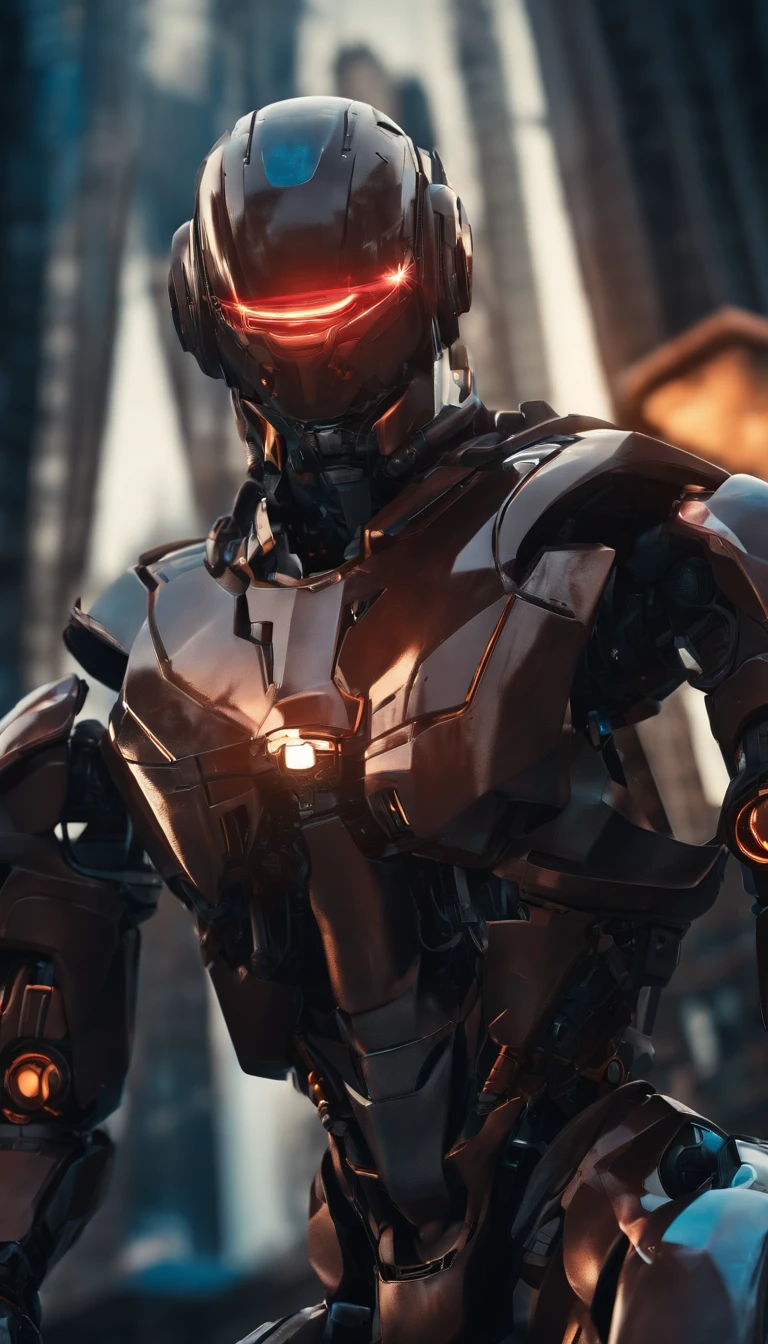 (best quality,8k,ultra-detailed,realistic:1.2),helmeted robot,sci-fi,focus on male,armor,architecture,robot,red eyes,surreal art,metal shell,hyper-realistic,advanced technology,sharp edges,mechanical parts,glossy surface,strong contrast,shadows,neon lights,dystopian landscape,futuristic city,industrial backdrop,dynamic pose,clear visor,reflecting surroundings,high-tech gadgets,glowing circuits,emitting sparks,sci-fi atmosphere,otherworldly presence,imposing stature,precision engineering,meticulously crafted,perfect symmetry,impressive design,attention to detail,masterpiece:1.1,color grading,blue hues,cool tones,moody lighting,contrasting colors,dramatic shadows,artistic vision.