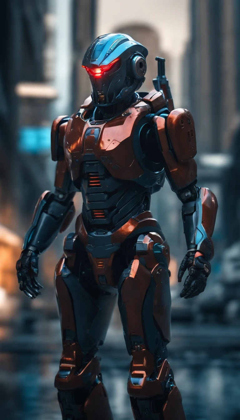 (best quality,8k,ultra-detailed,realistic:1.2),helmeted robot,sci-fi,focus on male,armor,architecture,robot,red eyes,surreal art,metal shell,hyper-realistic,advanced technology,sharp edges,mechanical parts,glossy surface,strong contrast,shadows,neon lights,dystopian landscape,futuristic city,industrial backdrop,dynamic pose,clear visor,reflecting surroundings,high-tech gadgets,glowing circuits,emitting sparks,sci-fi atmosphere,otherworldly presence,imposing stature,precision engineering,meticulously crafted,perfect symmetry,impressive design,attention to detail,masterpiece:1.1,color grading,blue hues,cool tones,moody lighting,contrasting colors,dramatic shadows,artistic vision.