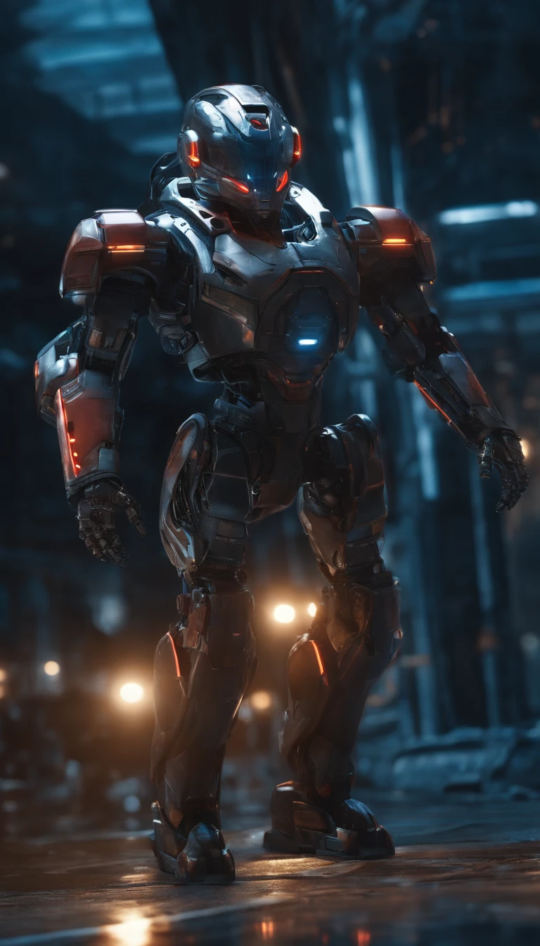 (best quality,8k,ultra-detailed,realistic:1.2),helmeted robot,sci-fi,focus on male,armor,architecture,robot,red eyes,surreal art,metal shell,hyper-realistic,advanced technology,sharp edges,mechanical parts,glossy surface,strong contrast,shadows,neon lights,dystopian landscape,futuristic city,industrial backdrop,dynamic pose,clear visor,reflecting surroundings,high-tech gadgets,glowing circuits,emitting sparks,sci-fi atmosphere,otherworldly presence,imposing stature,precision engineering,meticulously crafted,perfect symmetry,impressive design,attention to detail,masterpiece:1.1,color grading,blue hues,cool tones,moody lighting,contrasting colors,dramatic shadows,artistic vision.