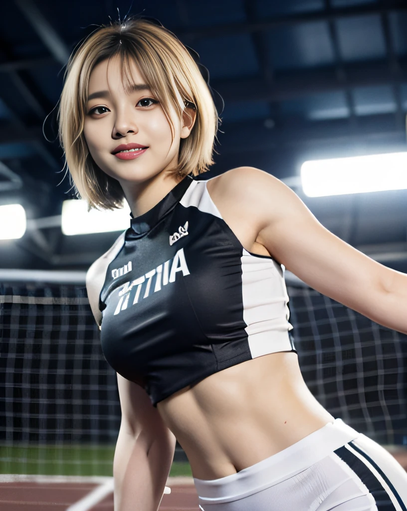 zydG, 1girls, Front view, stand, looking the viewer, exposed skin, (from below),brown-eyed, (blonde very short hair:1.2), (light hair), (medium breasts:1.4), smile with white teeth, (photorealestic:1.4), (Top image quality:1.0), (UltraHighResolution:1.0), 8K, Raw photography, (A masterpice:0.2), track and field uniforms, show abs, (sweat, wetty:1.1), portlate, facefocus, ful body,(pureerosface_v1:0.5), outdoor, track and field,