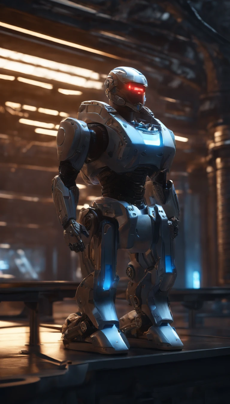 (best quality,8k,ultra-detailed,realistic:1.2),helmeted robot,sci-fi,focus on male,armor,architecture,robot,red eyes,surreal art,metal shell,hyper-realistic,advanced technology,sharp edges,mechanical parts,glossy surface,strong contrast,shadows,neon lights,dystopian landscape,futuristic city,industrial backdrop,dynamic pose,clear visor,reflecting surroundings,high-tech gadgets,glowing circuits,emitting sparks,sci-fi atmosphere,otherworldly presence,imposing stature,precision engineering,meticulously crafted,perfect symmetry,impressive design,attention to detail,masterpiece:1.1,color grading,blue hues,cool tones,moody lighting,contrasting colors,dramatic shadows,artistic vision.