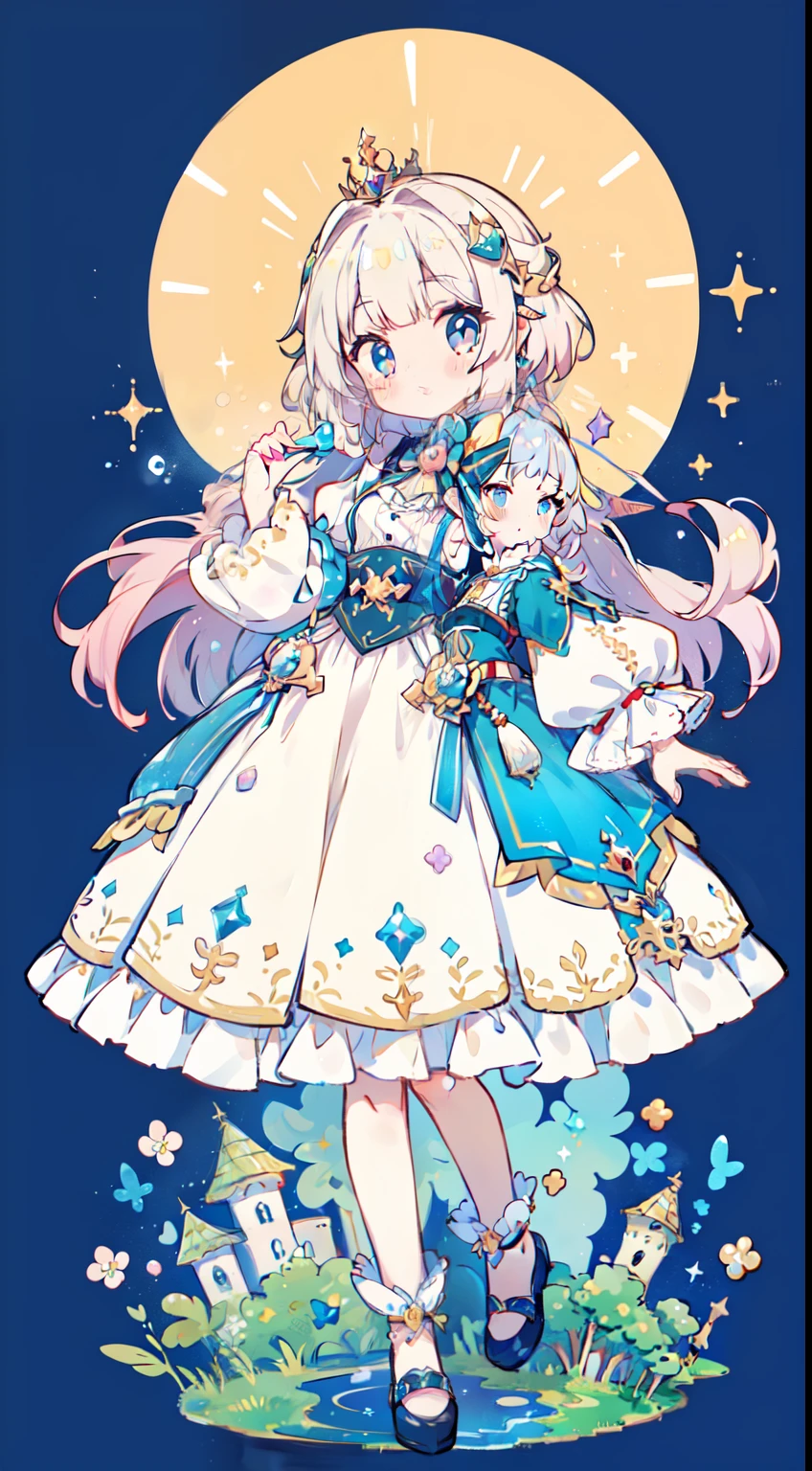 masutepiece, Best Quality, 8K resolution, Sharp Focus, ((full body Esbian、Standing picture:1.2)), intricate detailes, Beautiful Girl, Sparkling eyes, Golden Ratio Face, Otherworldly liquid, watercolor paiting, ((Pastel colors)), Bright colors, capricious, Colorful, Sharp Focus, High resolution, Fine detail, Princess Fantasy Ball Gown, ((Round eyes)), Iridescent bubbles, Castle landscape in the background