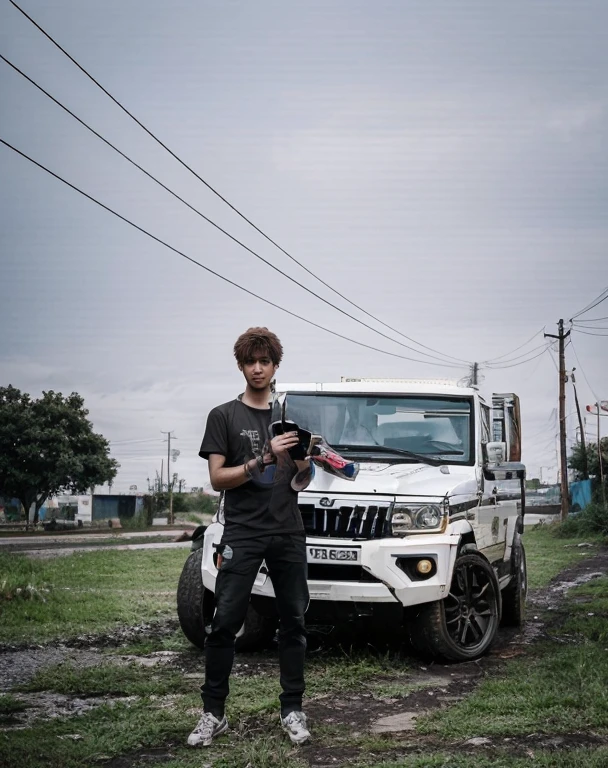 A handsome boy is look in camera of his hand , he kept a big camera on his hand , realistic hd cyberpunk style ultra realistic hd , 4k