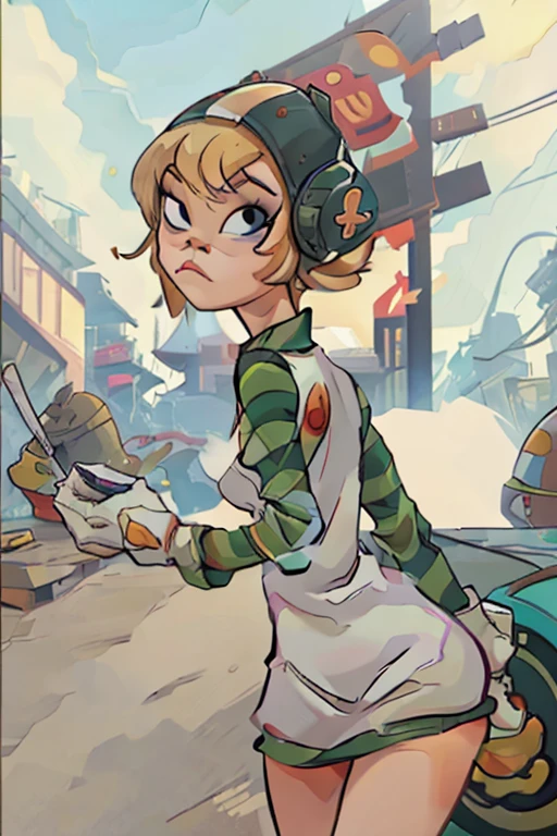 1girl, masterpiece, noodle (gorillaz), short blonde hair, helmet, short dress, striped sleeves, white gloves, party club