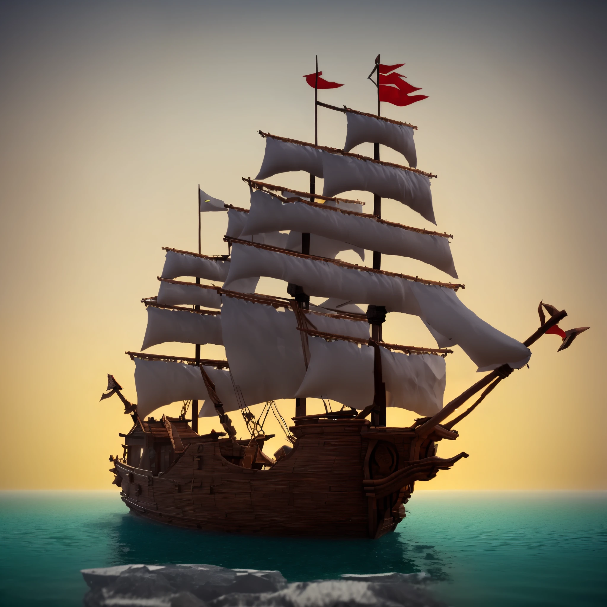 Low-poly magnificent view of the old pirate ship sailling