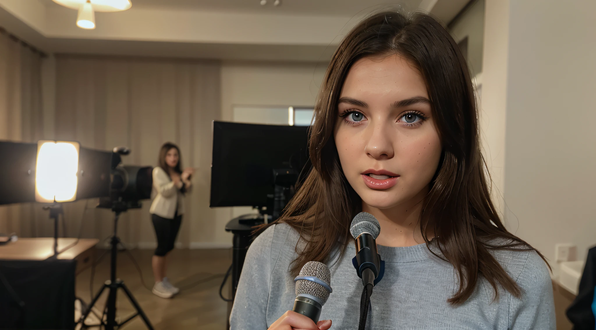 a blue eyed brunette girl speaking reporter without microphone