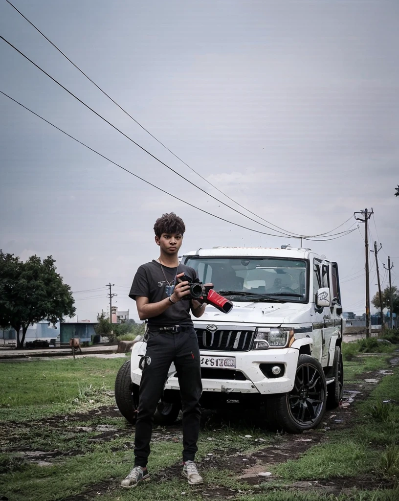 A handsome boy is look in camera of his hand , he kept a big camera on his hand , realistic hd cyberpunk style ultra realistic hd , 4k