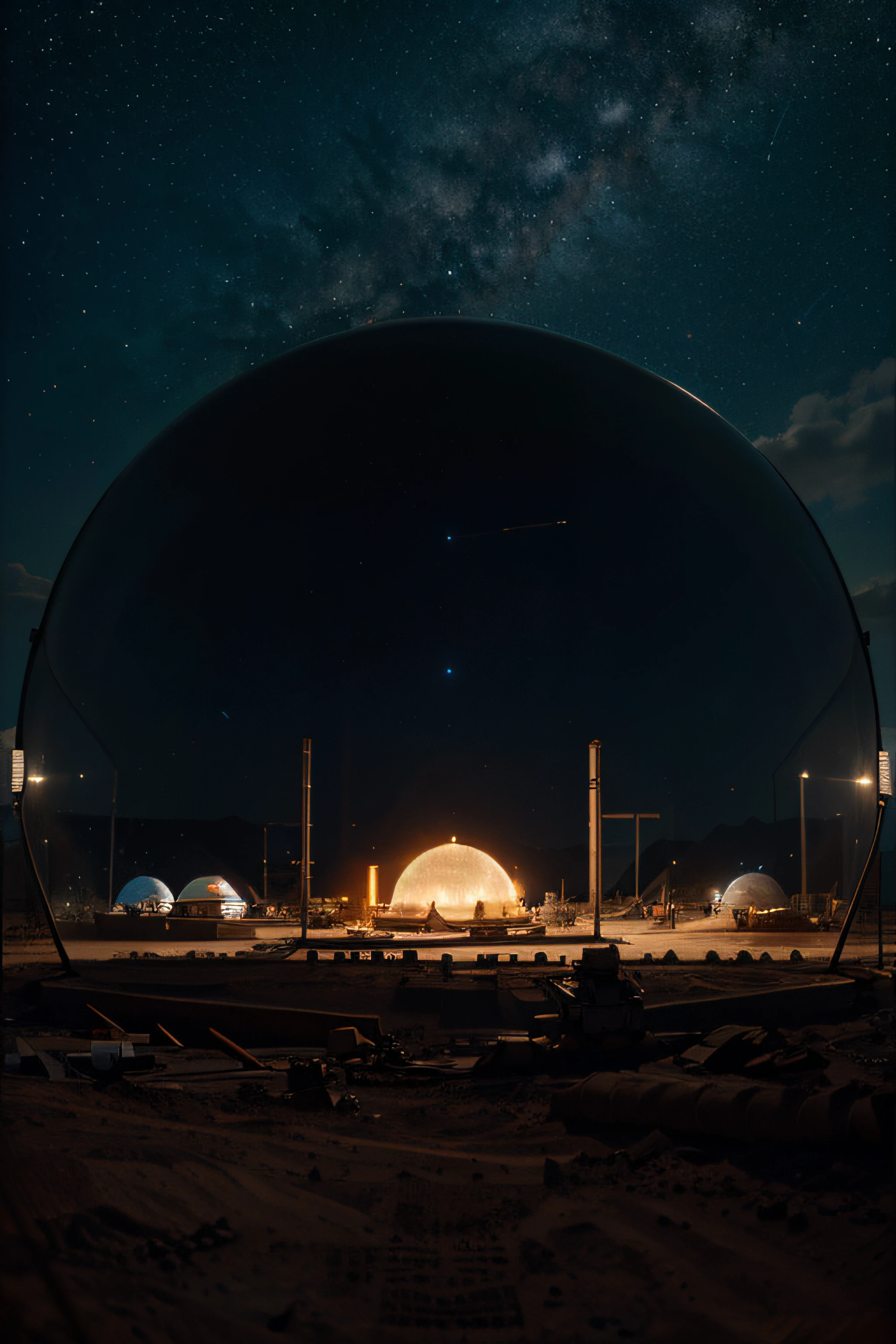 Mars, many high-tech bases are under construction, built glass dome bases are distributed over a wide land, starry sky, construction base details, ultra-wide angle lens, high reality, chiaroscuro,
