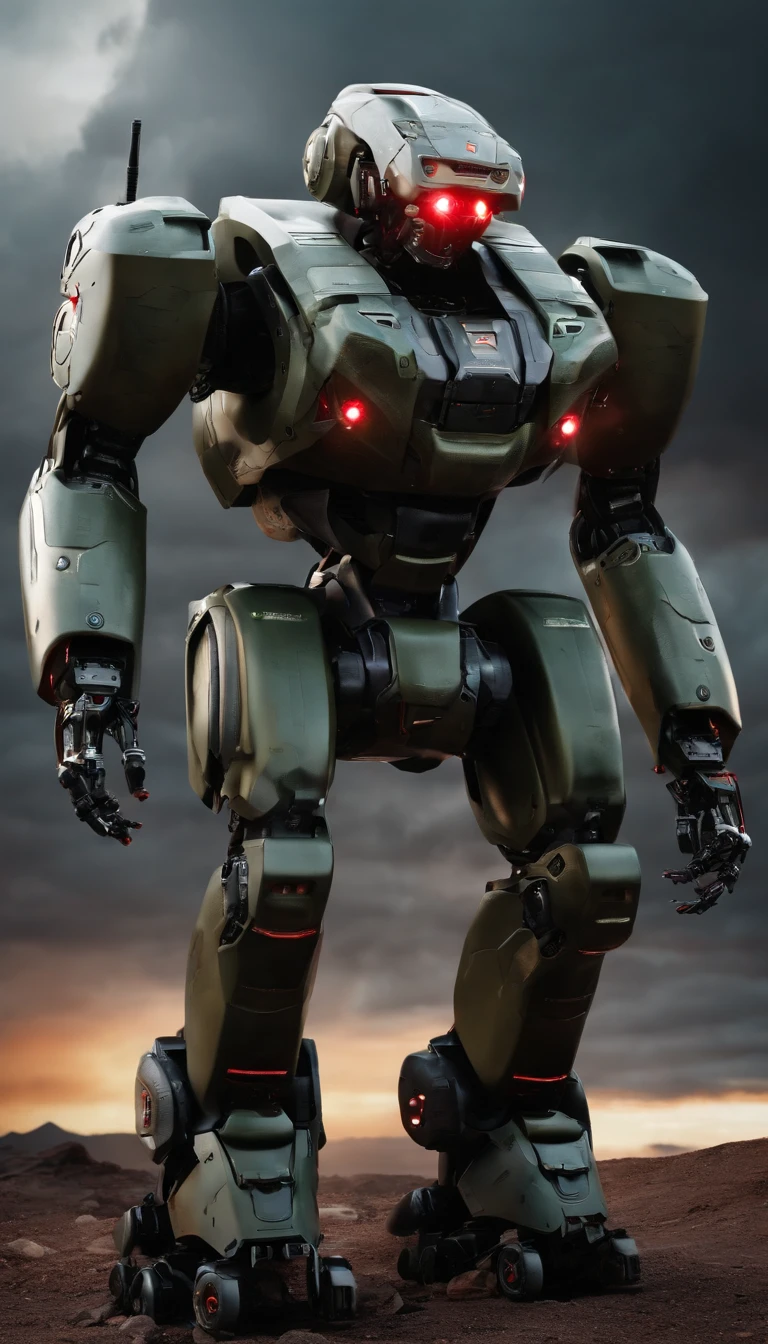 (a military combat robot, full body shot, 8K, red eyes, hyper-realistic artwork)