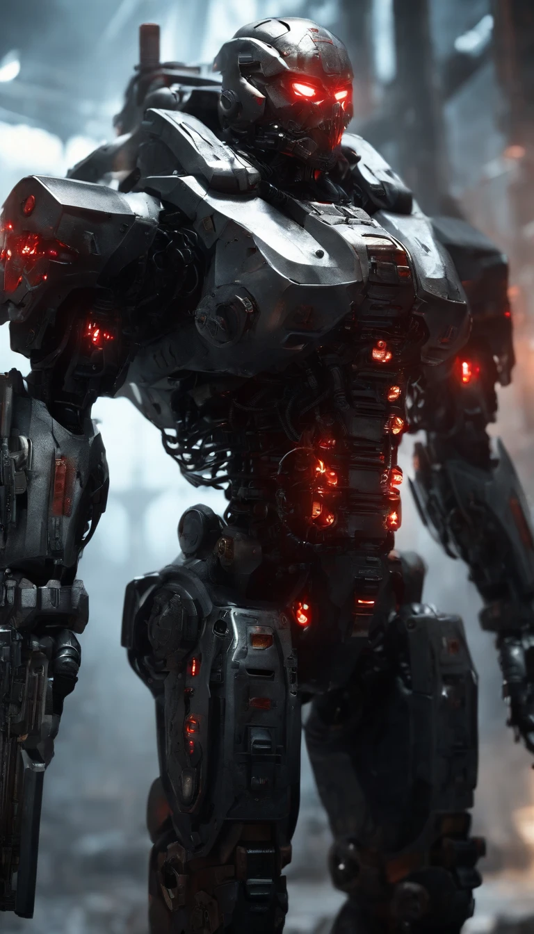 (best quality,8k,highres,masterpiece:1.2),ultra-detailed,red-eyed cybernetic soldier,metallic,extremely detailed gears and joints,intricate hydraulic system and wiring,mechanical parts surrounded by sparks,high-tech futuristic design,grim and menacing presence,intense battle stance,industrial lighting and shadows,post-apocalyptic setting,sci-fi concept art,sharp edges and sleek curves,striking red accents,vivid colors and contrast,emitting a faint blue glow,ethereal and otherworldly atmosphere