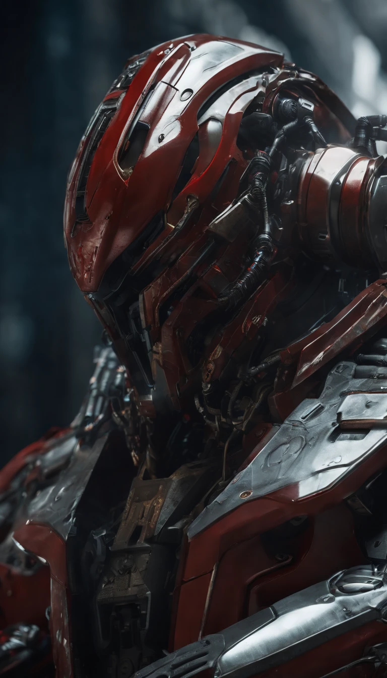 (best quality,8k,highres,masterpiece:1.2),ultra-detailed,red-eyed cybernetic soldier,metallic,extremely detailed gears and joints,intricate hydraulic system and wiring,mechanical parts surrounded by sparks,high-tech futuristic design,grim and menacing presence,intense battle stance,industrial lighting and shadows,post-apocalyptic setting,sci-fi concept art,sharp edges and sleek curves,striking red accents,vivid colors and contrast,emitting a faint blue glow,ethereal and otherworldly atmosphere