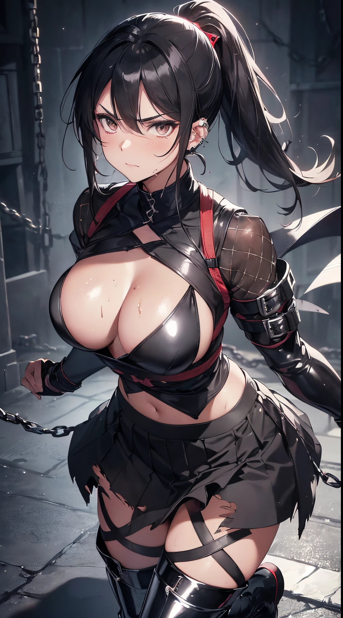 (((dramatic))), (((rough)),Anime character,1 girl,Solo,Black hair ponytail, Beautiful troubled face, Beautiful dark brown eyes, Vivid colors, Night, Top quality digital art, stunning art, Wallpapers 4k,8k,64k, HD, Incomparable masterpiece, Dynamic lighting, cinematic, epic, sexy, big, shiny big, big breasts that are about to spill out, (((torn shiny mesh pattern ninja clothes, ninjas, Japanese-style pattern tight long boots, skirt))), large cleavage, copious sweat on the body, blush, chest hollows, tied behind with ropes, legs open, legs open, chained, large, hands chained, shackled, slave collars, chains around the neck, in a dark basement, cobblestones with an eerie cold atmosphere, open legs, legs open in an M shape, tied behind the hands with ropes, silver chains, open legs, legs spread, hung with chains, pulled up by chains, Restraint, slavery, contempt, tears, shackles, shackles, mature adults, charm, submission, shiny skin, exhausted, piercings that do not interfere with small battles, big that seem to stick out of clothes, big that are just bursting, clothes digging into the chest, sweat from the face, white underwear,