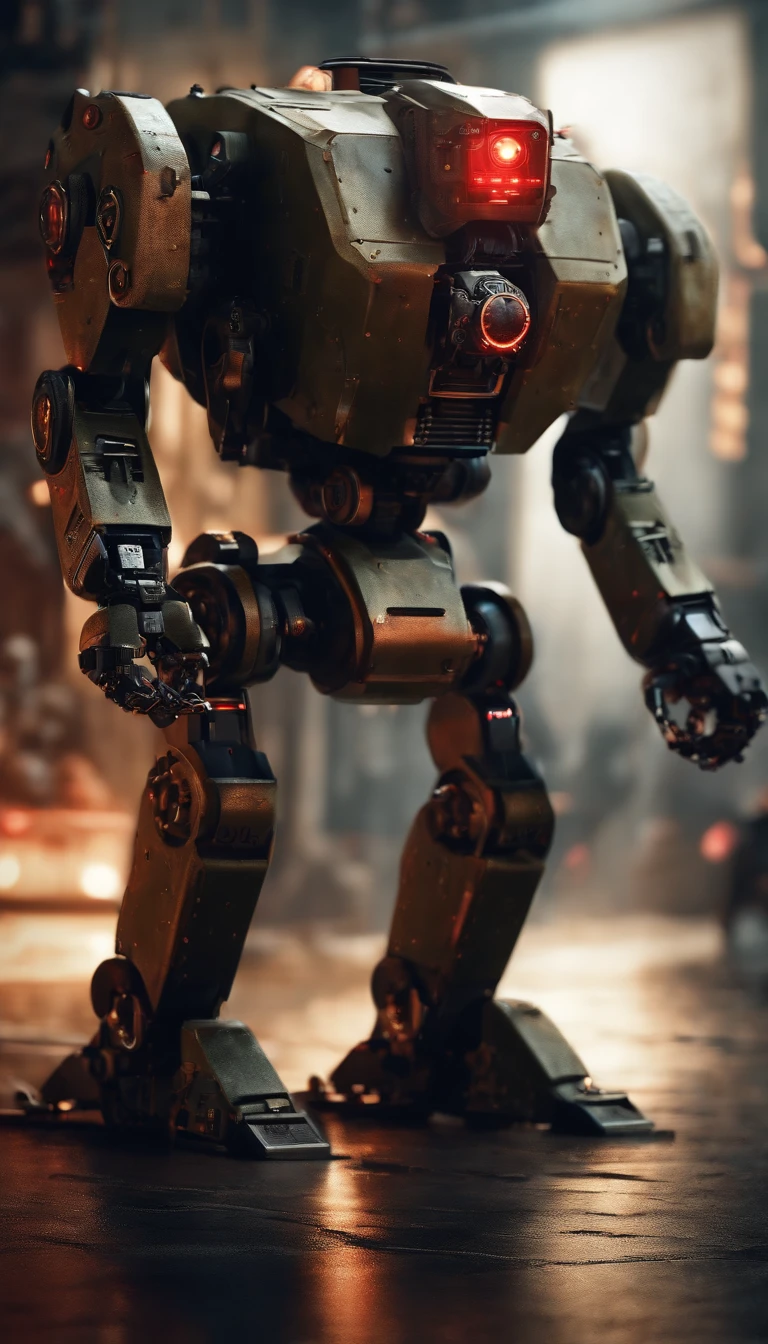 (best quality,8k,ultra-detailed,realistic,bokeh),a military battle robot with a full body mirror,red glowing eyes, surreal artwork