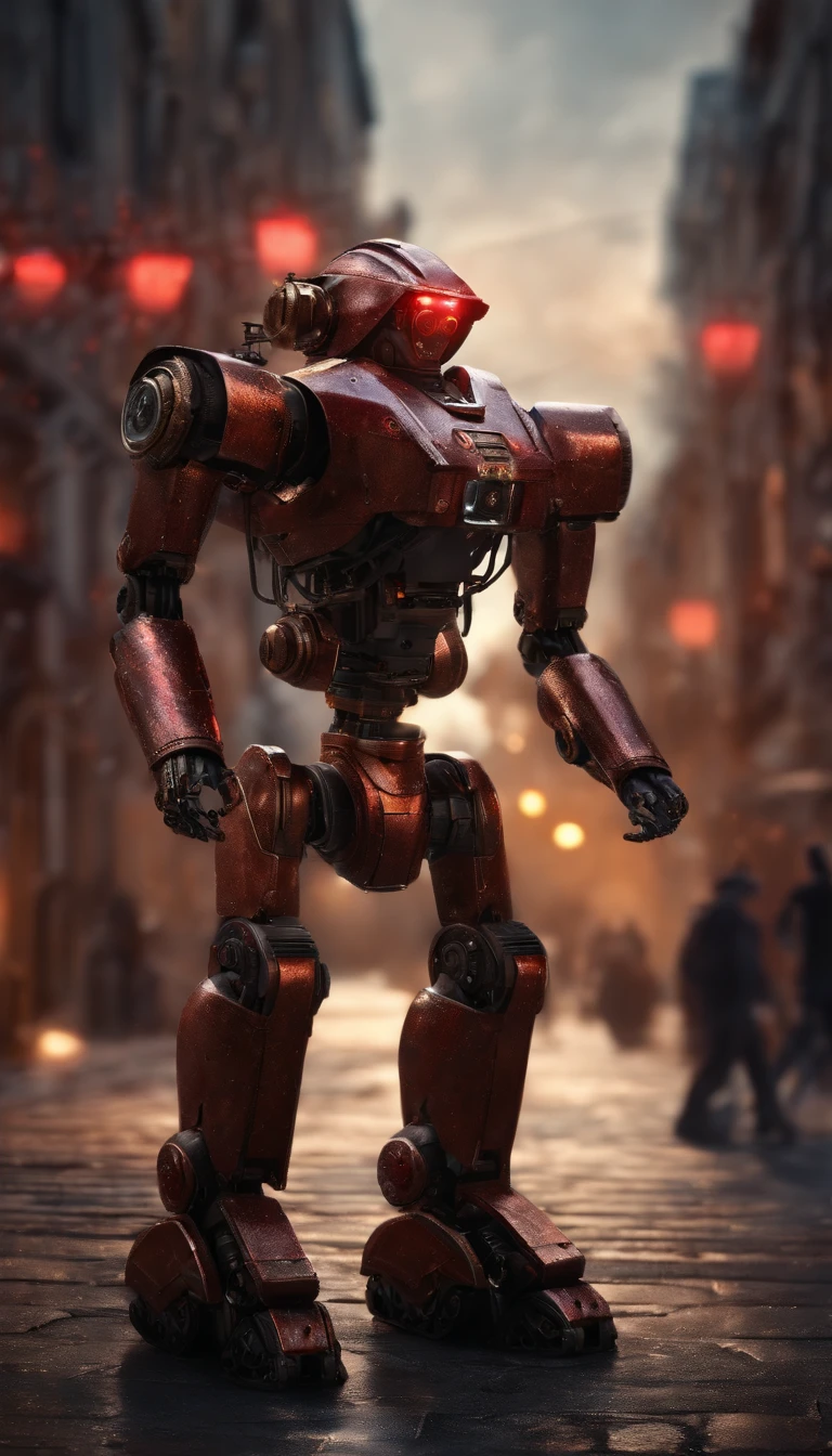 (best quality,8k,ultra-detailed,realistic,bokeh),a military battle robot with a full body mirror,red glowing eyes, surreal artwork