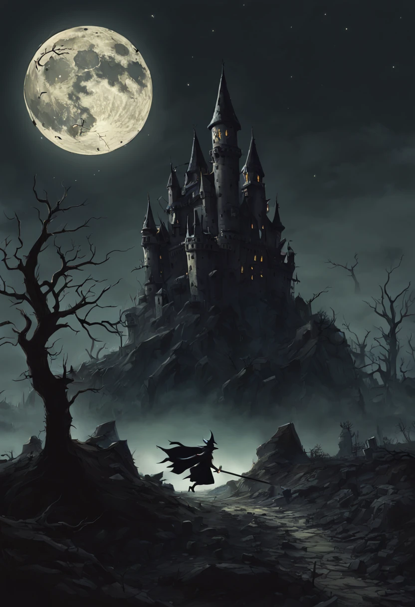 a dark castle surrounded by dead land and dead tree, a witch flying away on a broom in the background, moon shinning very bright