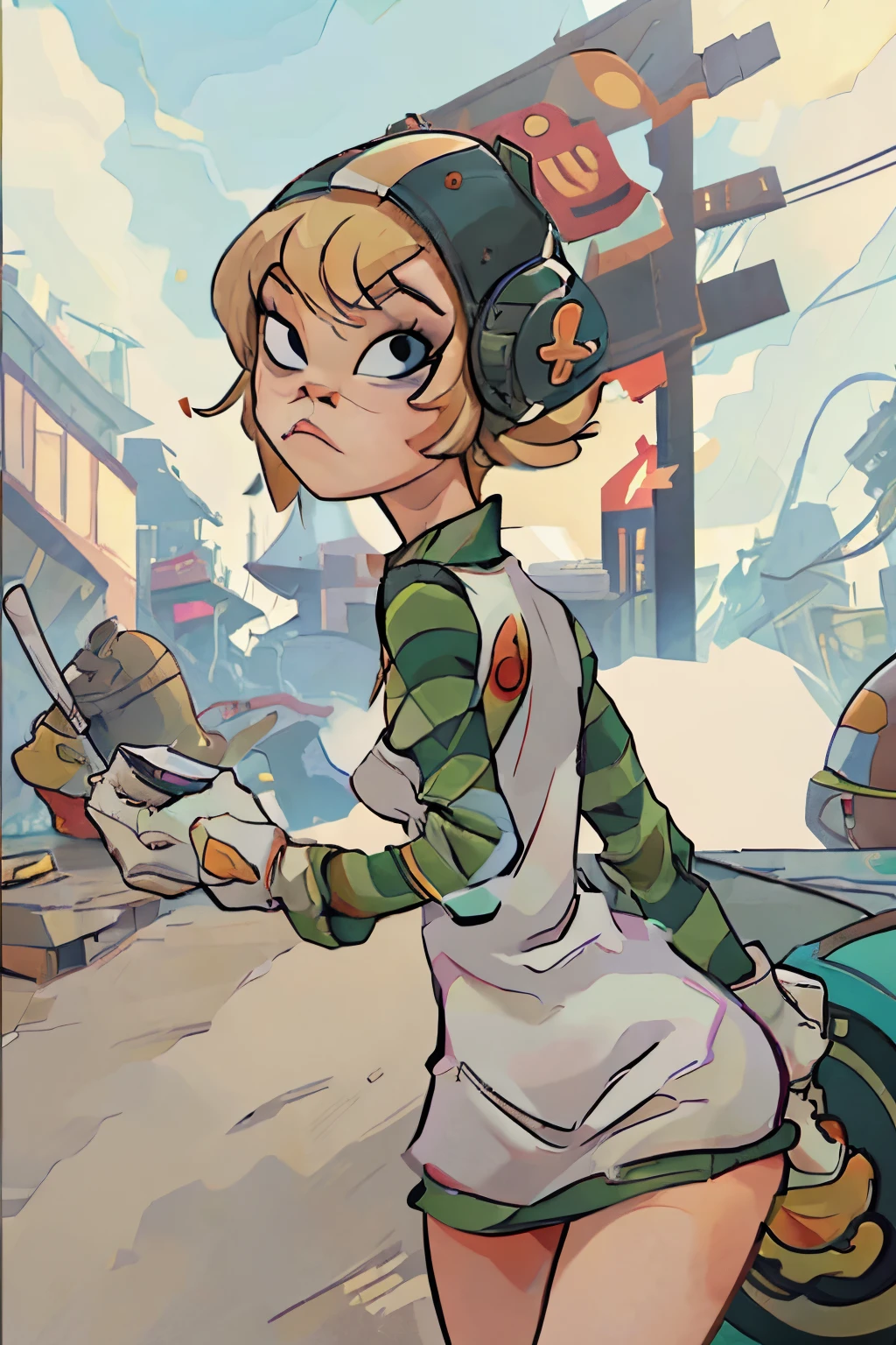 1girl, masterpiece, noodle (gorillaz), short blonde hair, helmet, short dress, striped sleeves, white gloves, party club