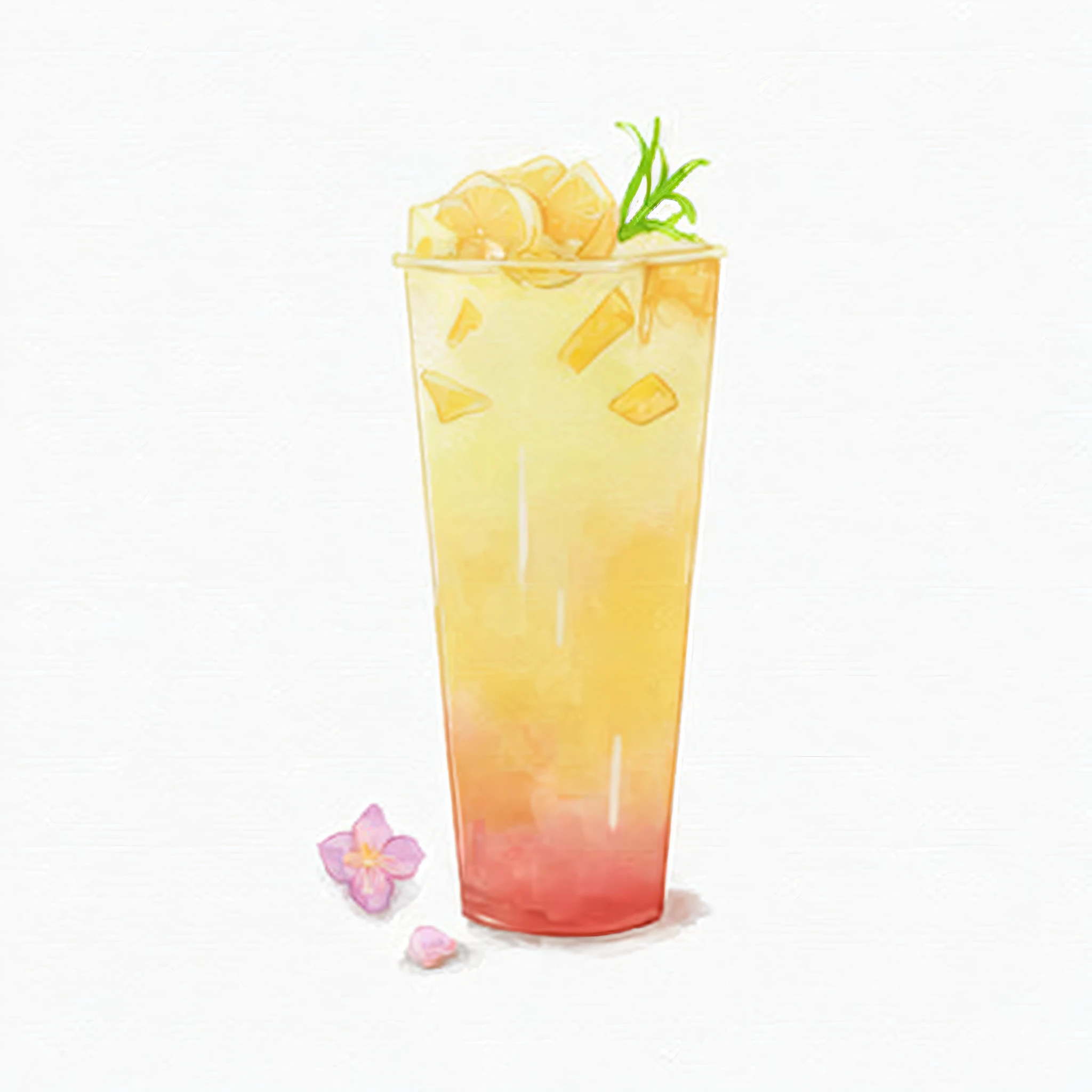 there is a glass of orange juice with ice cubes on the side, watercolor illustration style, with a drink, 🍸🍋, watercolor artstyle, colored milk tea, detailed watercolour, watercolor illustration, by Tan Ting-pho, cold drinks, made with illustrator, watercolor digital painting, drinking cocktail, detailed watercolor, watercolor style, commercial illustration, made of drink