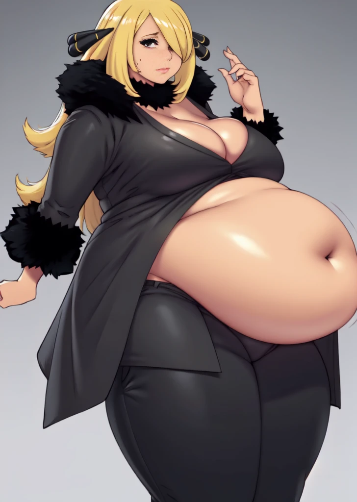 cynthia \(pokemon\), art by kipteitei, 1girl, solo, chubby, fat, anime, belly, big belly, full belly, muffin top, back fat, fat rolls, bbw, thick thighs, large breasts, grabbing belly, standing, blonde hair, hair over one eye, looking at viewer, black fur-trimmed coat, fur collar, hair ornament, v-neck, pants, closed mouth, small nose, masterpiece, best quality, simple background,