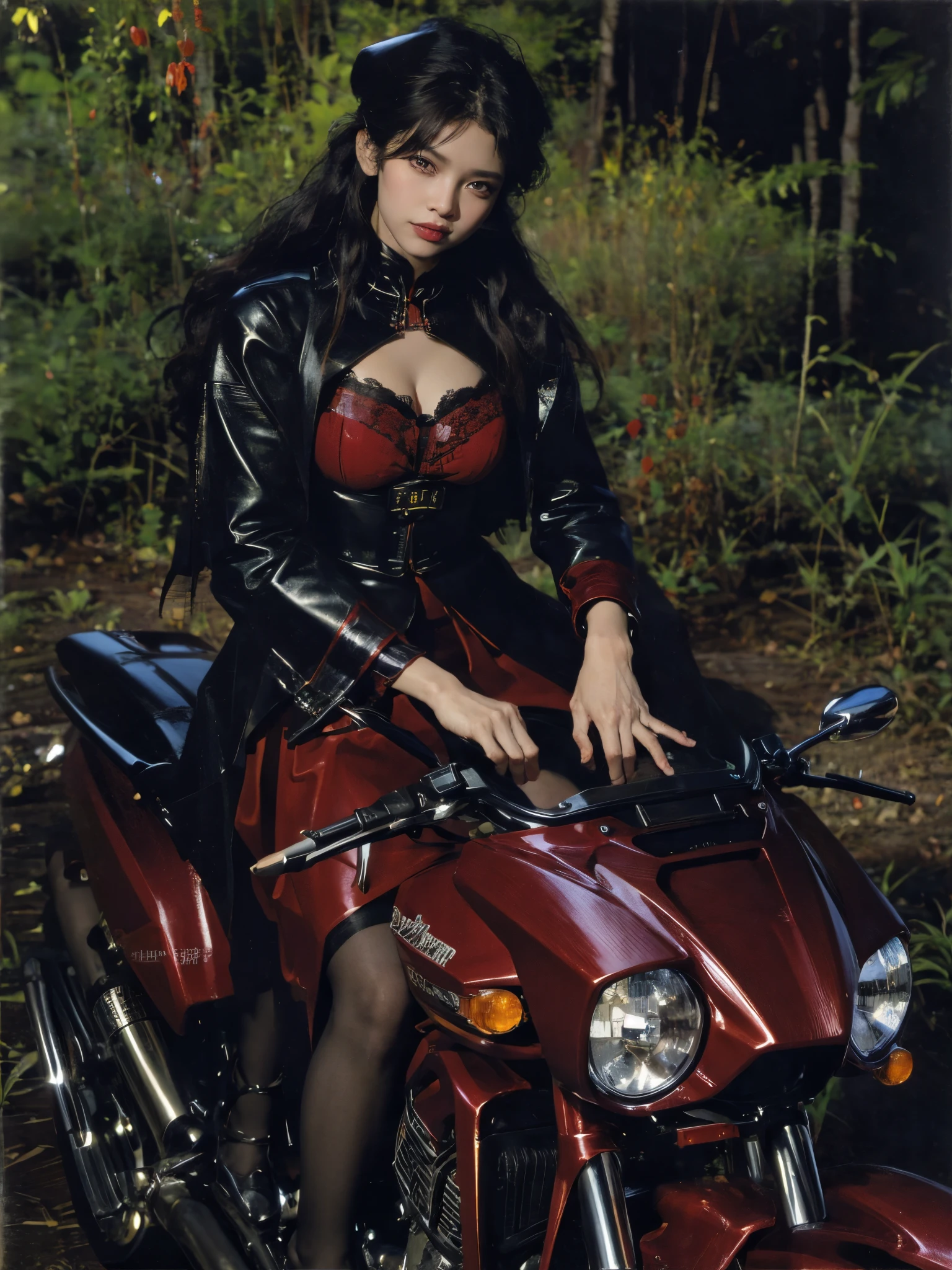 Confident cyberpunk werewolf(Huge black humanoid wolf), ((Stand in front of the motorcycle)), ((Ride a Harley motorcycle)),Little Red Riding Hood is sitting in the back seat,Huang Li,(Girls wear:Red Hat, cloaks, Large bra, a skirt, red long skirt,laced dress,Carrying a basket of fruit),(werewolf costume:Harajuku style fashion,)Harajuku style fashion,Background with:Jungle trails,freeway,There are dense woods on the roadside,,((Sexual suggestiveness)),Correct anatomy,Detailed faces, 詳細な目,(post impressionist),(Fechin Oil Painting - Fechin Oil Painting , oil painted), 05