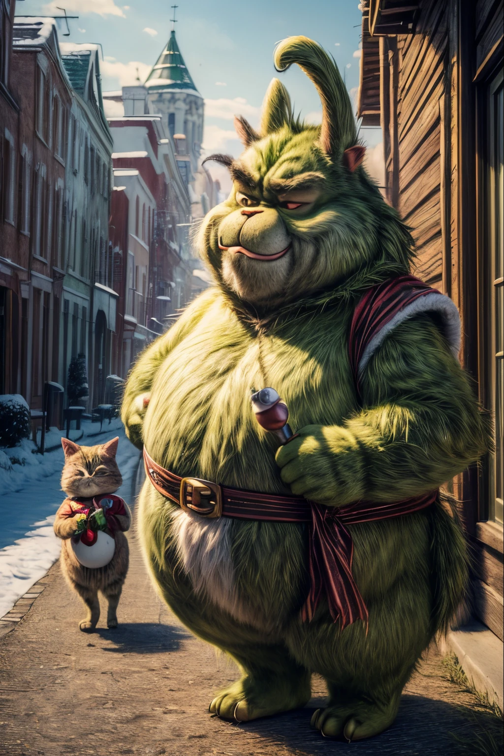 (masterpiece, best quality:1.4), male humanoid creature as Grinch ,(a green furry skin, Pot-bellied body, pear-shaped body, snub-nosed, cat-like face), (Santa Claus Costume:1.3), full body shot, --auto