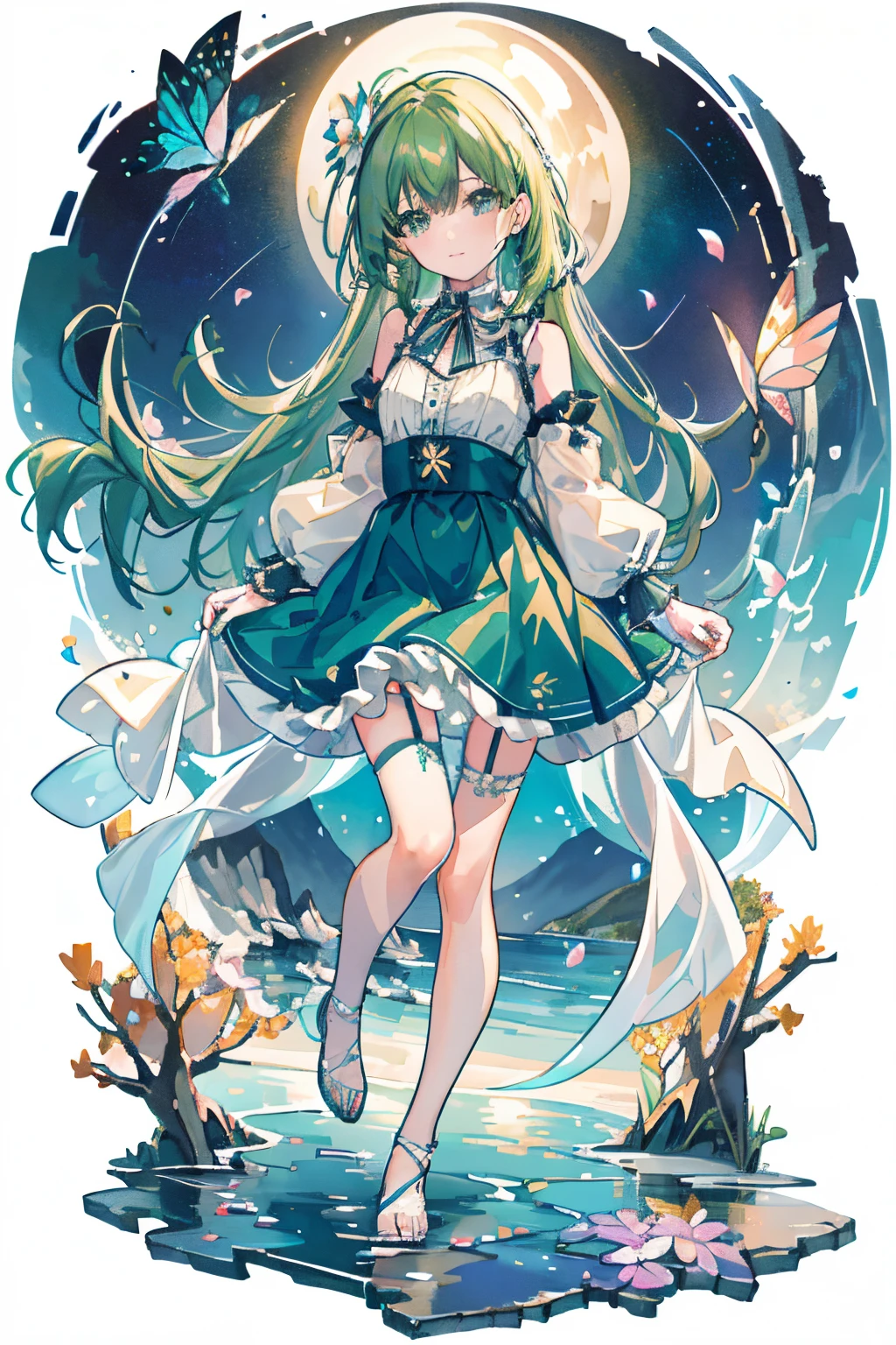 (Highest picture quality), (Master's work), [(white background:1.5),::5] (isometric:1.0), double exposure, bubble,
mid shot, full body,
//
masterpiece, best quality, 1girl, (colorful),(finely detailed beautiful eyes and detailed face) , green hair, green eyes, solo, smile, lingerie, bra, strap slip, miniskirt, garter belt, navel,((flying petal)),(Flowery meadow) sky, full body, ocean, sea waves, water splashes, sky, light particles, butterflies, night sky, starry sky, pond, petals (lens flare), walking on pond, water reflection, pond, cleavage, medium breast, aurora sky, night sky, galaxy sky, horizon, mountains, forest, moon