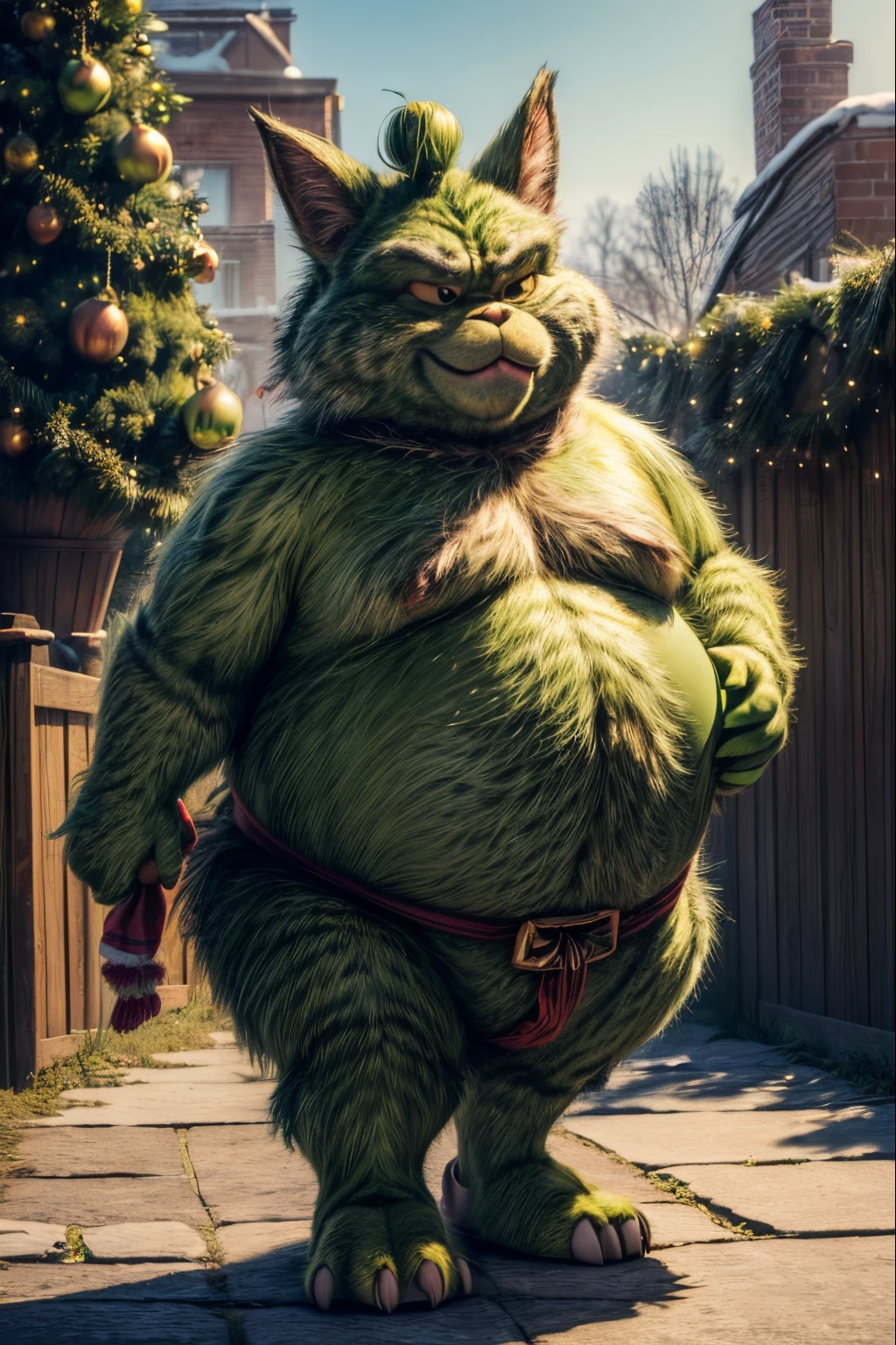 (masterpiece, best quality:1.4), male humanoid creature as Grinch ,(a green furry skin, Pot-bellied body, pear-shaped body, snub-nosed, cat-like face), (Santa Claus Costume:1.3), full body shot, --auto