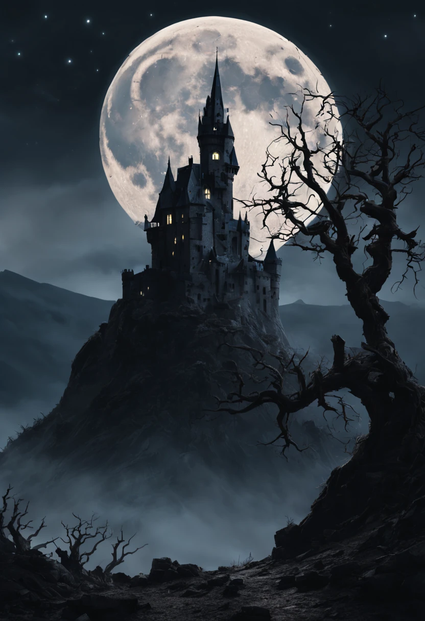 a dark gothic castle in the night on top of a mountain, in the background the moon shinning very bright, surrounded by dead land with dead tree