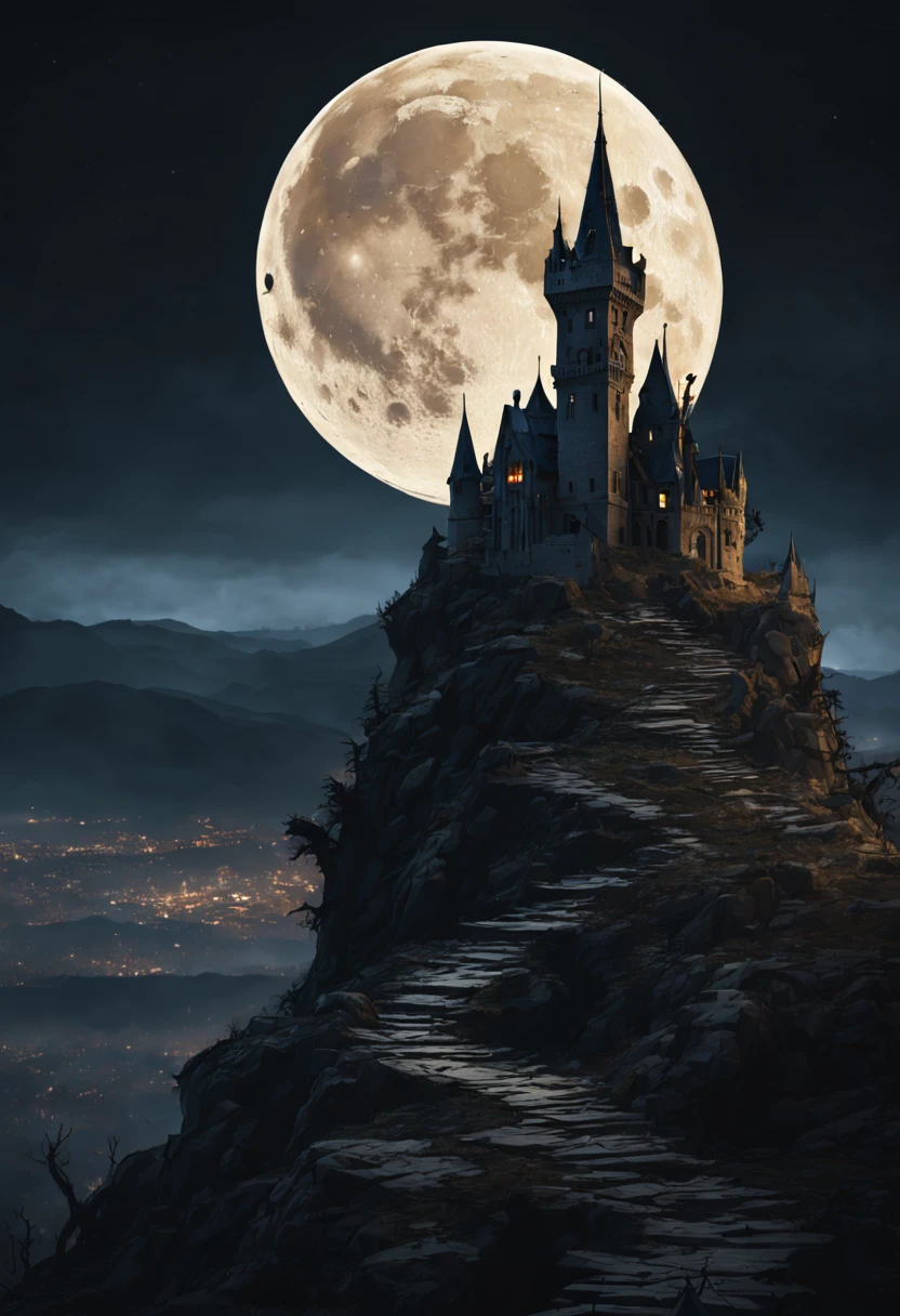 a dark gothic castle in the night on top of a mountain, in the background the moon shinning very bright, surrounded by dead land with dead tree