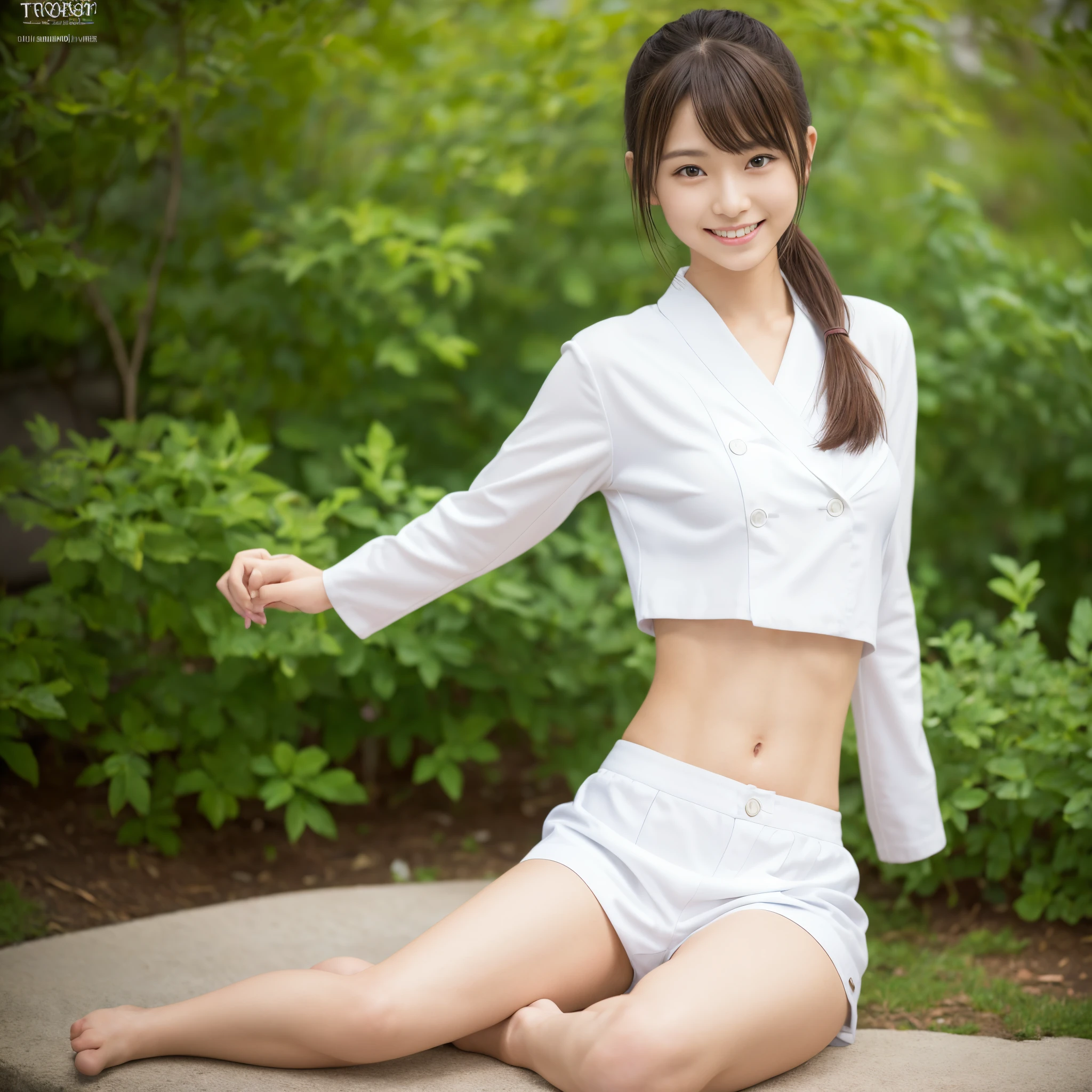 (Photorealsitic)(sixteen years old), Pretty Woman, (Full body 8K portrait), 1 girl in, White Karate Uniform, White karate pants, Large bust,Stand alone, Large and dynamic hand and foot movements, Stick out your fist, Make a high side kick, Correct skeleton, Perfect facial detail, (Smile: 1.15), attractive beautiful face, gazing at viewer, a small face, 二重まぶた, Beautiful detailed eyes, long eyeslashes, ligh brown hair, poneyTail, Toned waist, Beautiful thin legs, toned ankles, bare-legged ,TOKYOcty, background blue, no nsfw