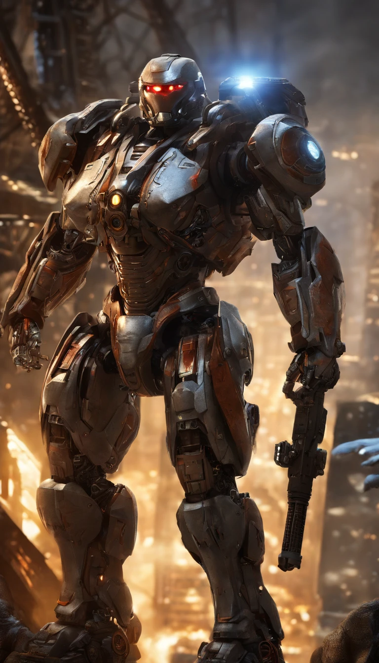 (an 8K,highres,ultra-detailed,masterpiece:1.2) cyborg warrior with a metallic body and glowing red eyes, (realistic,physically-based rendering) reflecting light in a mesmerizing way. Equipped with a powerful arsenal of futuristic weaponry, this (ultra-fine painting) masterpiece portrays the ultimate fusion of technology and warfare. The robotic soldier stands tall, with intricate (mechanical joints and pistons), radiating strength and power. Its (sharp focus) showcases the most intricate details of its armor, accentuating the futuristic design. The background is a dystopian cityscape, bathed in (vivid colors) that contrast the cold metallic hues of the robotic warrior. The lighting is (studio lighting:1.1), casting dramatic shadows and enhancing the overall atmosphere. With an influence from (sci-fi) and (concept artists), this artwork transports us to a world where advanced technology and art converge, captivating our imagination and blurring the lines between reality and fantasy.