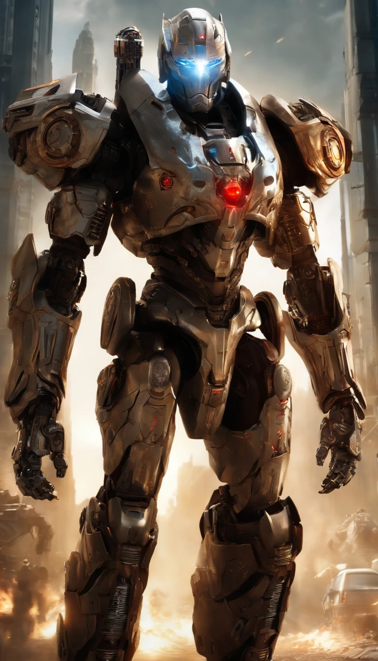 (an 8K,highres,ultra-detailed,masterpiece:1.2) cyborg warrior with a metallic body and glowing red eyes, (realistic,physically-based rendering) reflecting light in a mesmerizing way. Equipped with a powerful arsenal of futuristic weaponry, this (ultra-fine painting) masterpiece portrays the ultimate fusion of technology and warfare. The robotic soldier stands tall, with intricate (mechanical joints and pistons), radiating strength and power. Its (sharp focus) showcases the most intricate details of its armor, accentuating the futuristic design. The background is a dystopian cityscape, bathed in (vivid colors) that contrast the cold metallic hues of the robotic warrior. The lighting is (studio lighting:1.1), casting dramatic shadows and enhancing the overall atmosphere. With an influence from (sci-fi) and (concept artists), this artwork transports us to a world where advanced technology and art converge, captivating our imagination and blurring the lines between reality and fantasy.