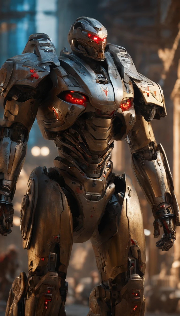 (an 8K,highres,ultra-detailed,masterpiece:1.2) cyborg warrior with a metallic body and glowing red eyes, (realistic,physically-based rendering) reflecting light in a mesmerizing way. Equipped with a powerful arsenal of futuristic weaponry, this (ultra-fine painting) masterpiece portrays the ultimate fusion of technology and warfare. The robotic soldier stands tall, with intricate (mechanical joints and pistons), radiating strength and power. Its (sharp focus) showcases the most intricate details of its armor, accentuating the futuristic design. The background is a dystopian cityscape, bathed in (vivid colors) that contrast the cold metallic hues of the robotic warrior. The lighting is (studio lighting:1.1), casting dramatic shadows and enhancing the overall atmosphere. With an influence from (sci-fi) and (concept artists), this artwork transports us to a world where advanced technology and art converge, captivating our imagination and blurring the lines between reality and fantasy.