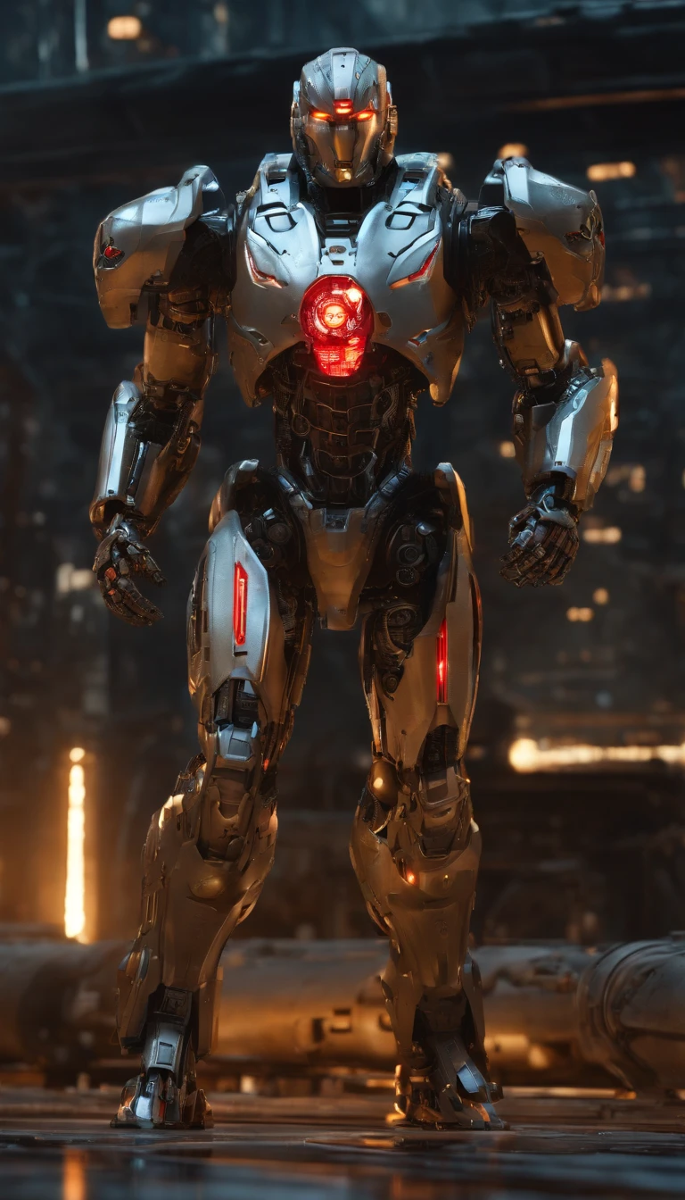 (an 8K,highres,ultra-detailed,masterpiece:1.2) cyborg warrior with a metallic body and glowing red eyes, (realistic,physically-based rendering) reflecting light in a mesmerizing way. Equipped with a powerful arsenal of futuristic weaponry, this (ultra-fine painting) masterpiece portrays the ultimate fusion of technology and warfare. The robotic soldier stands tall, with intricate (mechanical joints and pistons), radiating strength and power. Its (sharp focus) showcases the most intricate details of its armor, accentuating the futuristic design. The background is a dystopian cityscape, bathed in (vivid colors) that contrast the cold metallic hues of the robotic warrior. The lighting is (studio lighting:1.1), casting dramatic shadows and enhancing the overall atmosphere. With an influence from (sci-fi) and (concept artists), this artwork transports us to a world where advanced technology and art converge, captivating our imagination and blurring the lines between reality and fantasy.