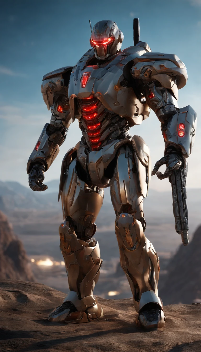 (an 8K,highres,ultra-detailed,masterpiece:1.2) cyborg warrior with a metallic body and glowing red eyes, (realistic,physically-based rendering) reflecting light in a mesmerizing way. Equipped with a powerful arsenal of futuristic weaponry, this (ultra-fine painting) masterpiece portrays the ultimate fusion of technology and warfare. The robotic soldier stands tall, with intricate (mechanical joints and pistons), radiating strength and power. Its (sharp focus) showcases the most intricate details of its armor, accentuating the futuristic design. The background is a dystopian cityscape, bathed in (vivid colors) that contrast the cold metallic hues of the robotic warrior. The lighting is (studio lighting:1.1), casting dramatic shadows and enhancing the overall atmosphere. With an influence from (sci-fi) and (concept artists), this artwork transports us to a world where advanced technology and art converge, captivating our imagination and blurring the lines between reality and fantasy.