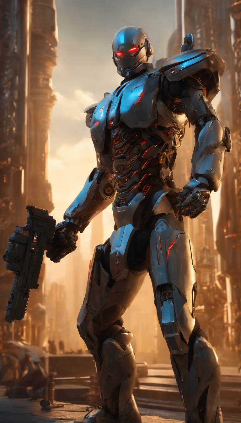 (an 8K,highres,ultra-detailed,masterpiece:1.2) cyborg warrior with a metallic body and glowing red eyes, (realistic,physically-based rendering) reflecting light in a mesmerizing way. Equipped with a powerful arsenal of futuristic weaponry, this (ultra-fine painting) masterpiece portrays the ultimate fusion of technology and warfare. The robotic soldier stands tall, with intricate (mechanical joints and pistons), radiating strength and power. Its (sharp focus) showcases the most intricate details of its armor, accentuating the futuristic design. The background is a dystopian cityscape, bathed in (vivid colors) that contrast the cold metallic hues of the robotic warrior. The lighting is (studio lighting:1.1), casting dramatic shadows and enhancing the overall atmosphere. With an influence from (sci-fi) and (concept artists), this artwork transports us to a world where advanced technology and art converge, captivating our imagination and blurring the lines between reality and fantasy.
