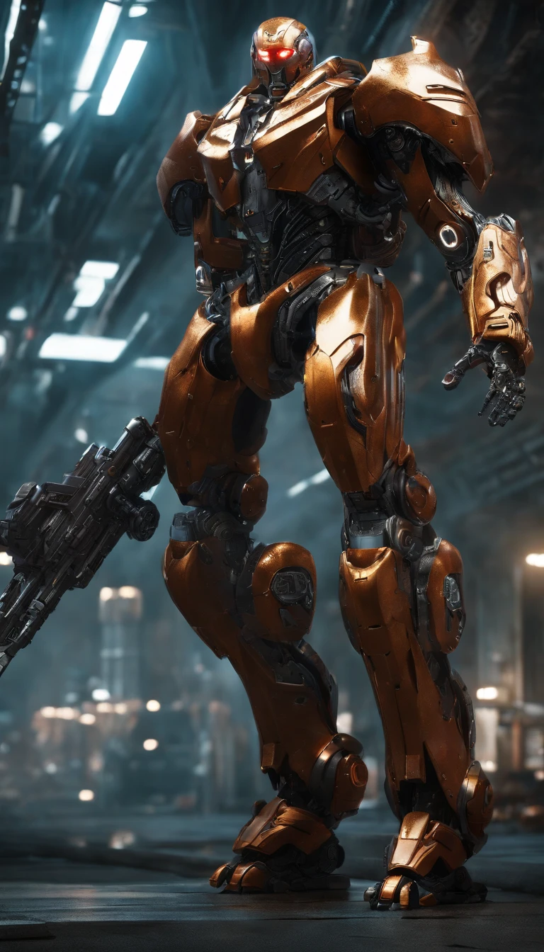 (an 8K,highres,ultra-detailed,masterpiece:1.2) cyborg warrior with a metallic body and glowing red eyes, (realistic,physically-based rendering) reflecting light in a mesmerizing way. Equipped with a powerful arsenal of futuristic weaponry, this (ultra-fine painting) masterpiece portrays the ultimate fusion of technology and warfare. The robotic soldier stands tall, with intricate (mechanical joints and pistons), radiating strength and power. Its (sharp focus) showcases the most intricate details of its armor, accentuating the futuristic design. The background is a dystopian cityscape, bathed in (vivid colors) that contrast the cold metallic hues of the robotic warrior. The lighting is (studio lighting:1.1), casting dramatic shadows and enhancing the overall atmosphere. With an influence from (sci-fi) and (concept artists), this artwork transports us to a world where advanced technology and art converge, captivating our imagination and blurring the lines between reality and fantasy.