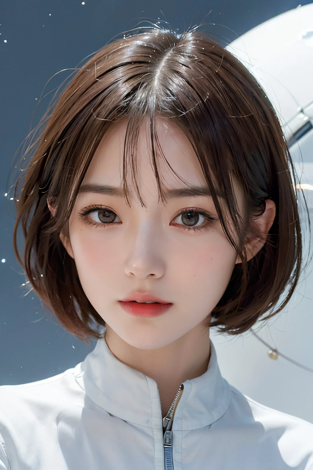 top-quality、​masterpiece、超A high resolution、(realisitic:1.4)、Beautuful Women１、Beautiful detail eyes and skin、ssmile、Light brown short-cut hair、The perfect spacesuit、spaceships、cosmic space、iced&Snow Planet、cloudy ash sky、weak sunshine、