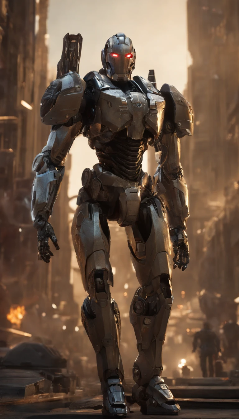 (an 8K,highres,ultra-detailed,masterpiece:1.2) cyborg warrior with a metallic body and glowing red eyes, (realistic,physically-based rendering) reflecting light in a mesmerizing way. Equipped with a powerful arsenal of futuristic weaponry, this (ultra-fine painting) masterpiece portrays the ultimate fusion of technology and warfare. The robotic soldier stands tall, with intricate (mechanical joints and pistons), radiating strength and power. Its (sharp focus) showcases the most intricate details of its armor, accentuating the futuristic design. The background is a dystopian cityscape, bathed in (vivid colors) that contrast the cold metallic hues of the robotic warrior. The lighting is (studio lighting:1.1), casting dramatic shadows and enhancing the overall atmosphere. With an influence from (sci-fi) and (concept artists), this artwork transports us to a world where advanced technology and art converge, captivating our imagination and blurring the lines between reality and fantasy.
