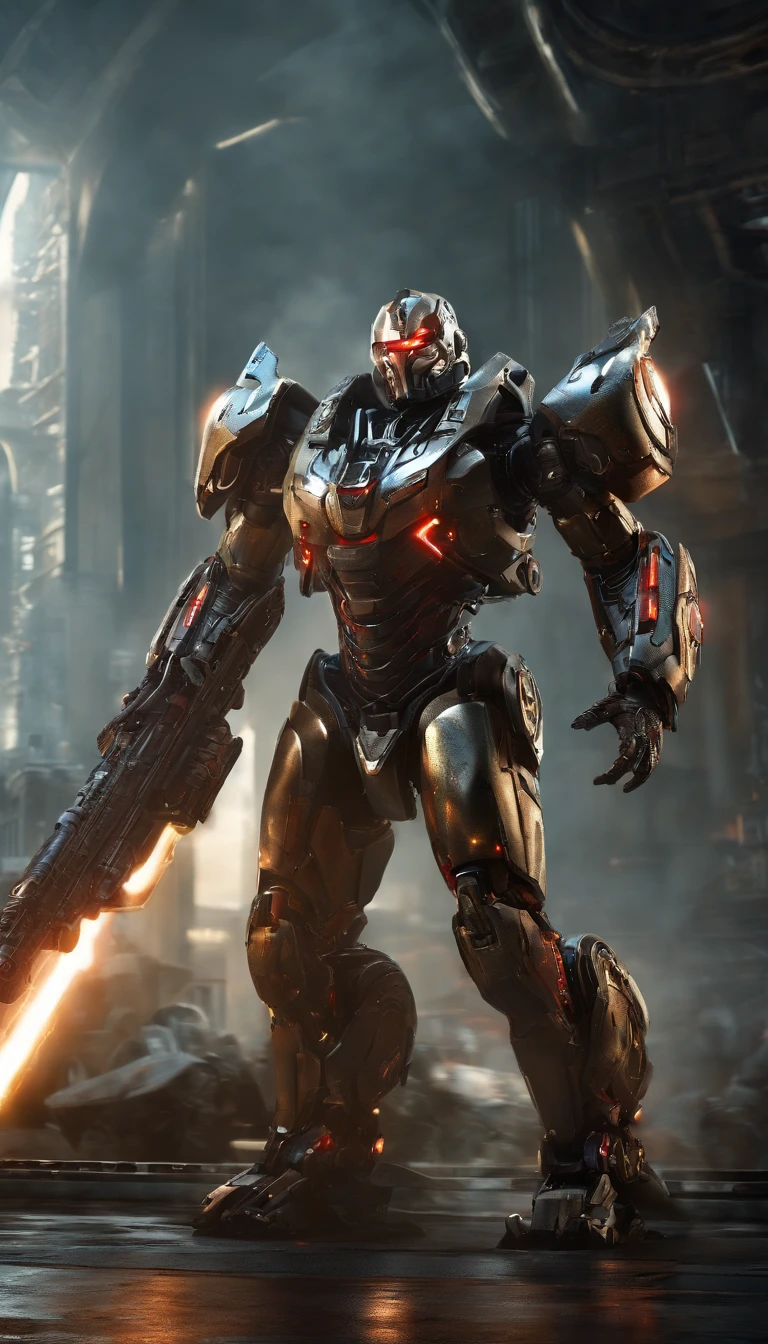 (an 8K,highres,ultra-detailed,masterpiece:1.2) cyborg warrior with a metallic body and glowing red eyes, (realistic,physically-based rendering) reflecting light in a mesmerizing way. Equipped with a powerful arsenal of futuristic weaponry, this (ultra-fine painting) masterpiece portrays the ultimate fusion of technology and warfare. The robotic soldier stands tall, with intricate (mechanical joints and pistons), radiating strength and power. Its (sharp focus) showcases the most intricate details of its armor, accentuating the futuristic design. The background is a dystopian cityscape, bathed in (vivid colors) that contrast the cold metallic hues of the robotic warrior. The lighting is (studio lighting:1.1), casting dramatic shadows and enhancing the overall atmosphere. With an influence from (sci-fi) and (concept artists), this artwork transports us to a world where advanced technology and art converge, captivating our imagination and blurring the lines between reality and fantasy.