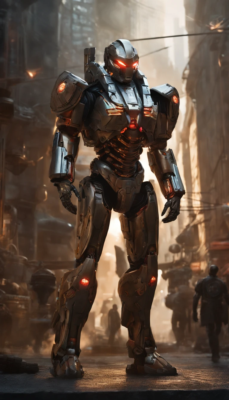 (an 8K,highres,ultra-detailed,masterpiece:1.2) cyborg warrior with a metallic body and glowing red eyes, (realistic,physically-based rendering) reflecting light in a mesmerizing way. Equipped with a powerful arsenal of futuristic weaponry, this (ultra-fine painting) masterpiece portrays the ultimate fusion of technology and warfare. The robotic soldier stands tall, with intricate (mechanical joints and pistons), radiating strength and power. Its (sharp focus) showcases the most intricate details of its armor, accentuating the futuristic design. The background is a dystopian cityscape, bathed in (vivid colors) that contrast the cold metallic hues of the robotic warrior. The lighting is (studio lighting:1.1), casting dramatic shadows and enhancing the overall atmosphere. With an influence from (sci-fi) and (concept artists), this artwork transports us to a world where advanced technology and art converge, captivating our imagination and blurring the lines between reality and fantasy.
