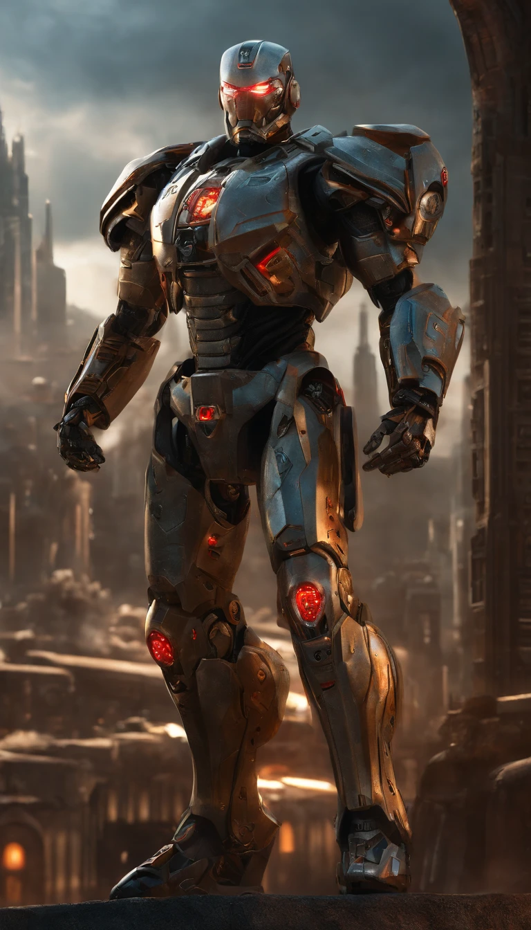 (an 8K,highres,ultra-detailed,masterpiece:1.2) cyborg warrior with a metallic body and glowing red eyes, (realistic,physically-based rendering) reflecting light in a mesmerizing way. Equipped with a powerful arsenal of futuristic weaponry, this (ultra-fine painting) masterpiece portrays the ultimate fusion of technology and warfare. The robotic soldier stands tall, with intricate (mechanical joints and pistons), radiating strength and power. Its (sharp focus) showcases the most intricate details of its armor, accentuating the futuristic design. The background is a dystopian cityscape, bathed in (vivid colors) that contrast the cold metallic hues of the robotic warrior. The lighting is (studio lighting:1.1), casting dramatic shadows and enhancing the overall atmosphere. With an influence from (sci-fi) and (concept artists), this artwork transports us to a world where advanced technology and art converge, captivating our imagination and blurring the lines between reality and fantasy.