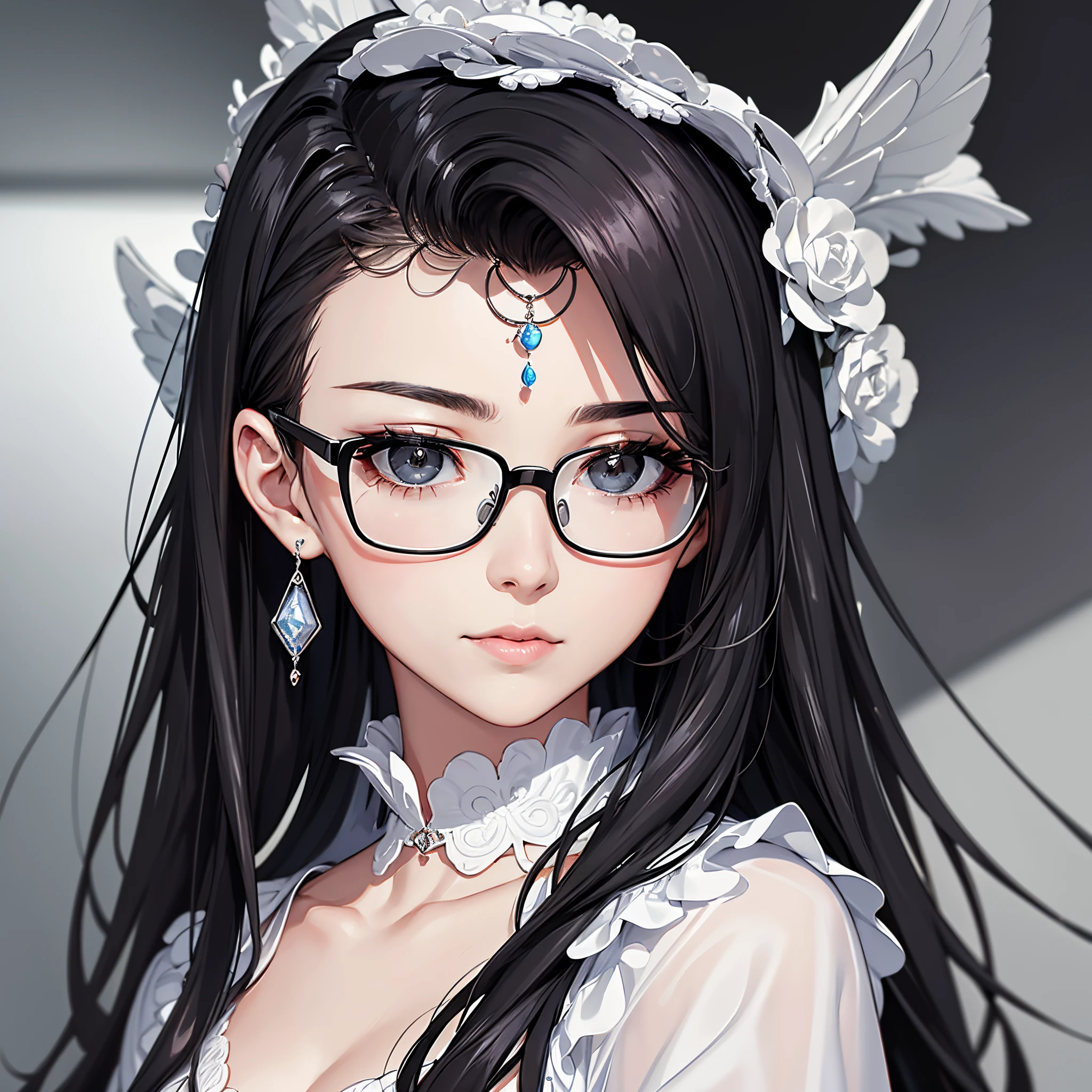 ​masterpiece、top-quality、hight resolution、High-quality images、8K、1womanl、detaileds、Detailed eye depiction、skin gloss、Lustrous black hair、Monochrome grayscale、Lisa、portlate、Silver-rimmed glasses、professor