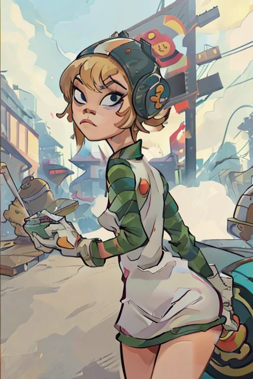 1girl, masterpiece, detailed face, beautiful, noodle (gorillaz), short blonde hair, helmet, short dress, striped sleeves, white gloves, party club